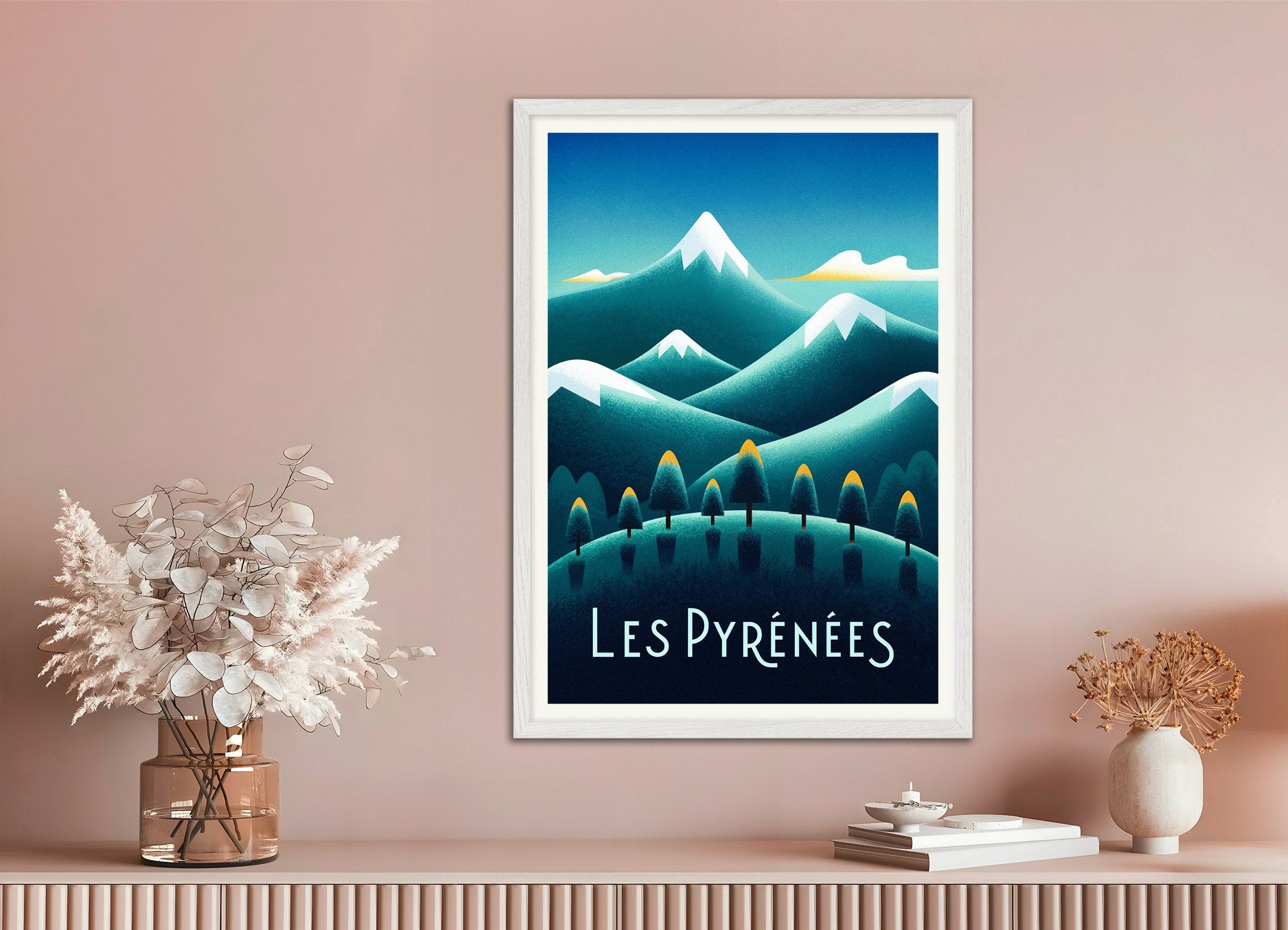 Poster of Les Pyrénées – Minimalist Mountain Poster, with white wooden frame
