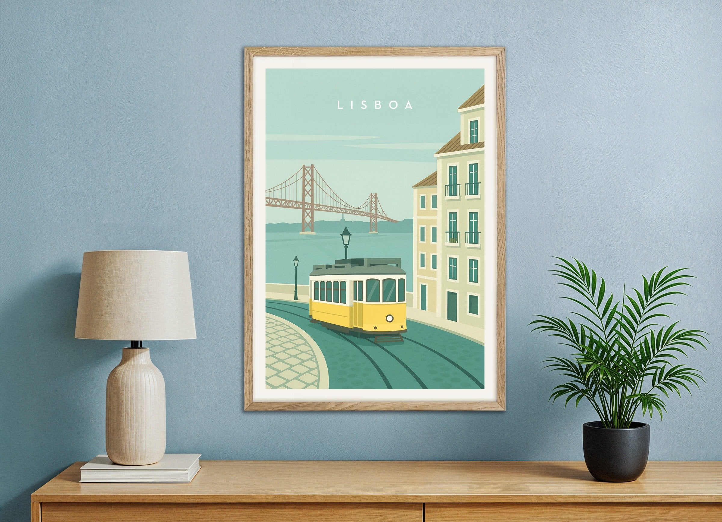 Poster of Lisbon Tram Wall Art Print, with natural wooden frame