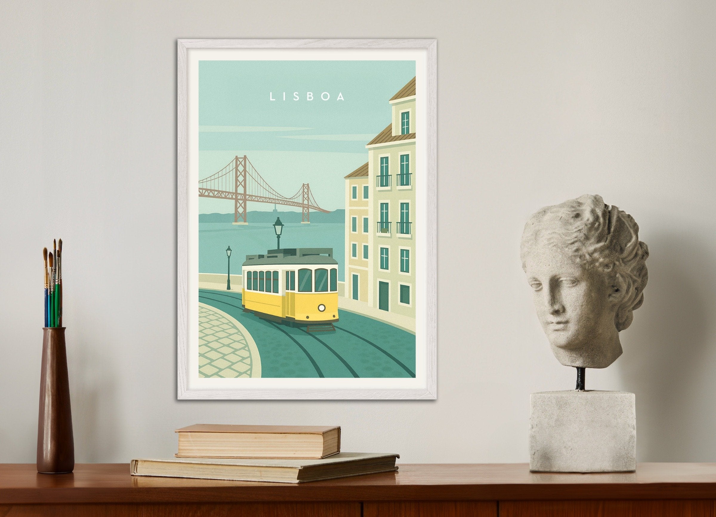 Poster of Lisbon Tram Wall Art Print, with white wooden frame