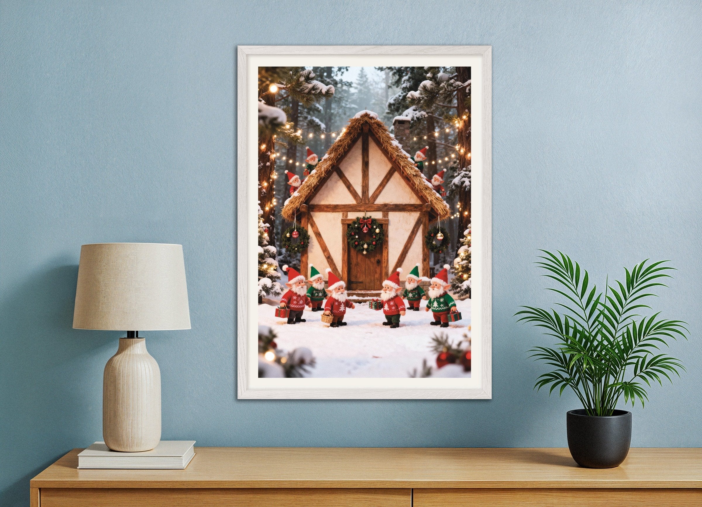 Poster of Little elves in the snowy forest poster, with white wooden frame