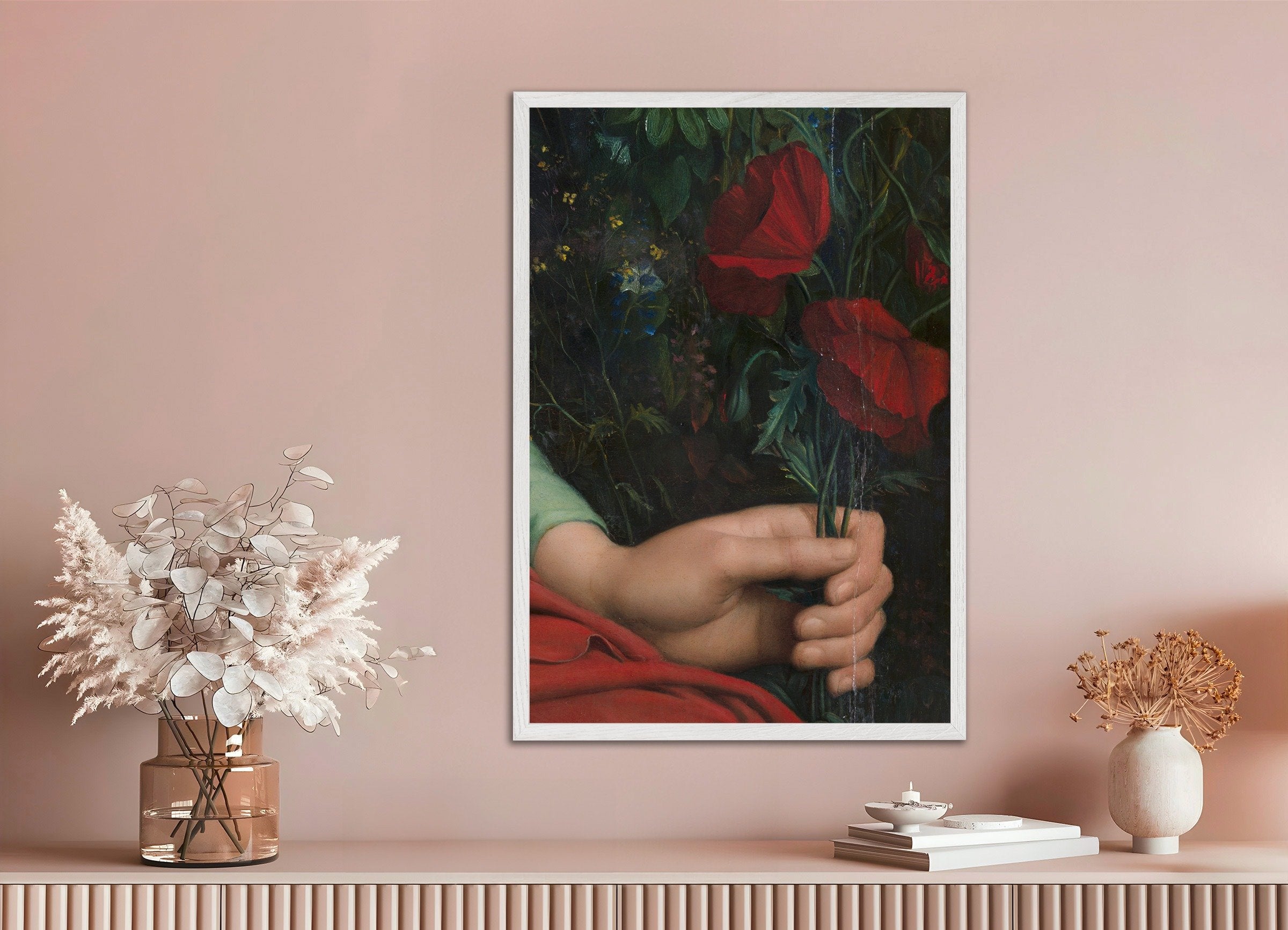 Poster of Louis Janmot "Fleur des Champs" Hand Detail - Poppies Art Print, with white wooden frame