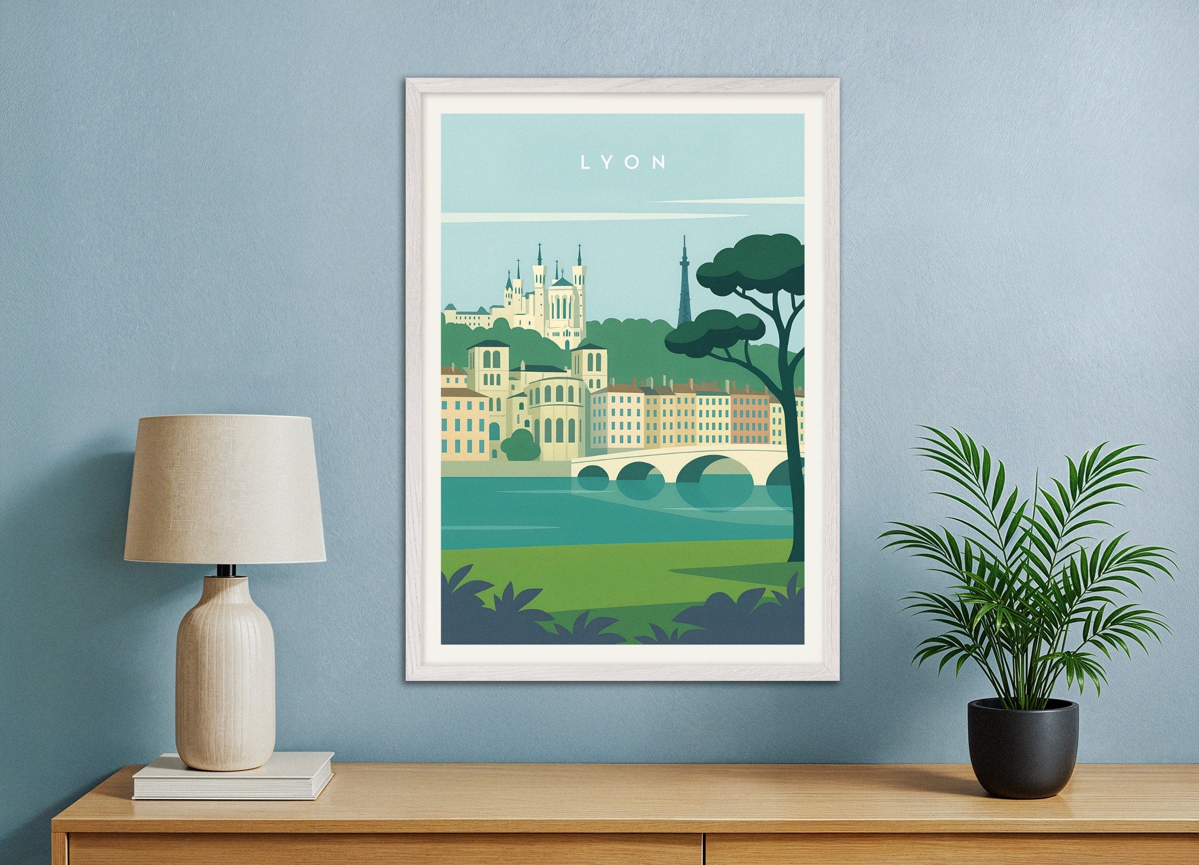 Poster of Lyon Wall Art Print, with white wooden frame