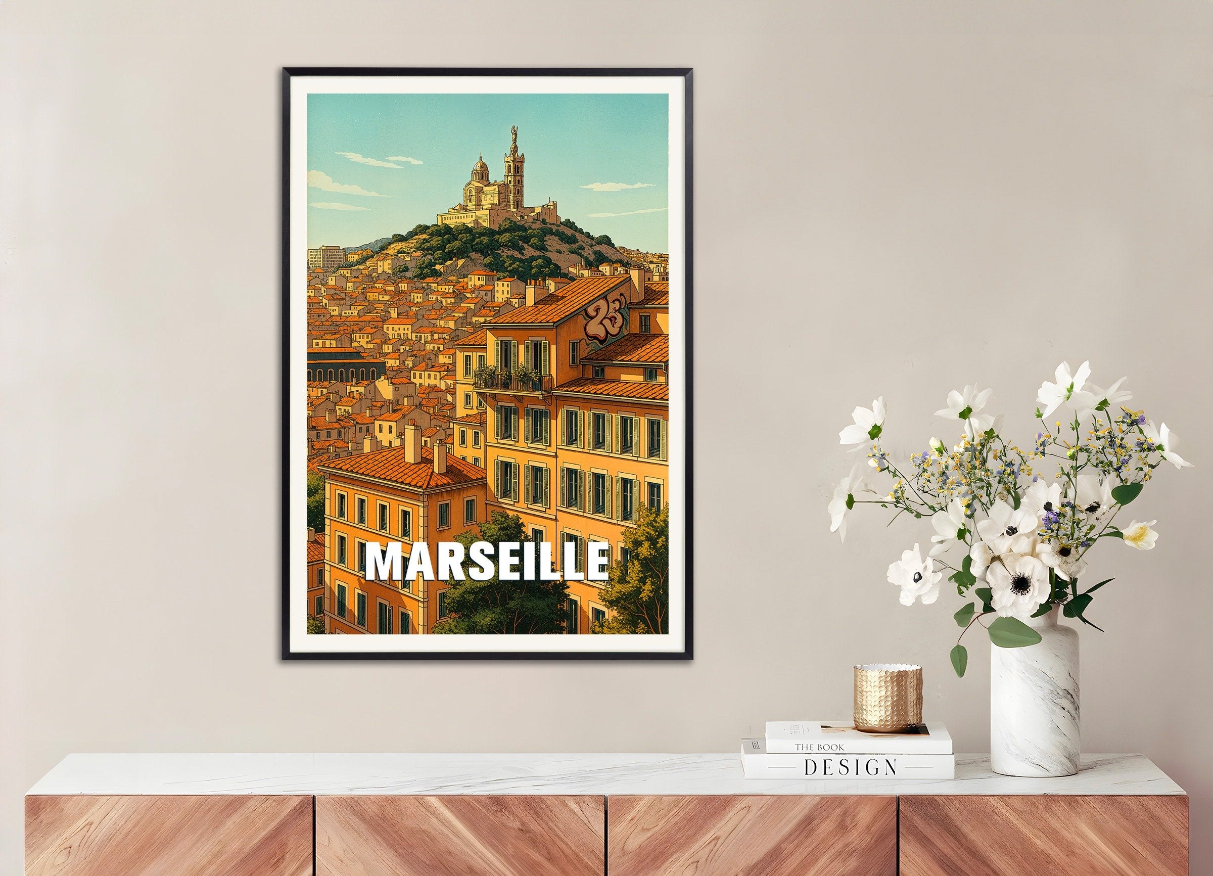 Poster of Marseille Poster – Notre-Dame de la Garde Cityscape, with metal frame