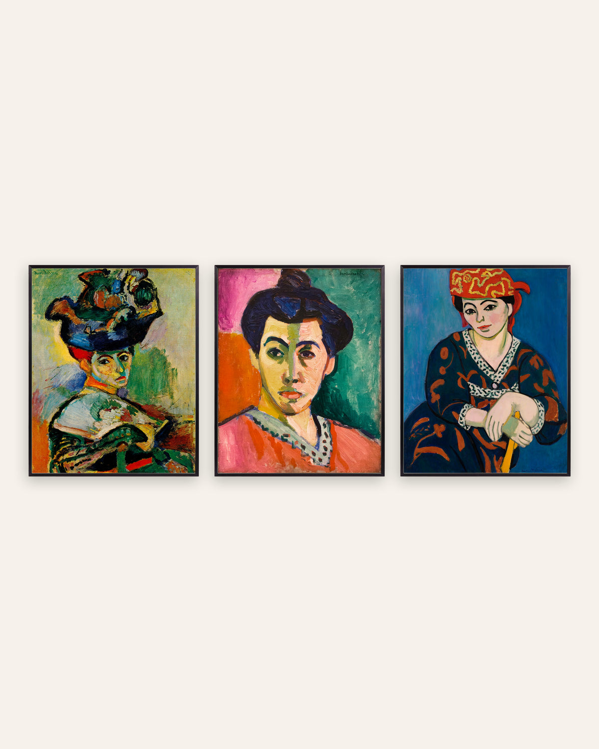 Matisse Fauvist Portraits Set of 3 – Woman with a Hat, Madame Matisse & Red Madras Headdress, prints in black metal frames