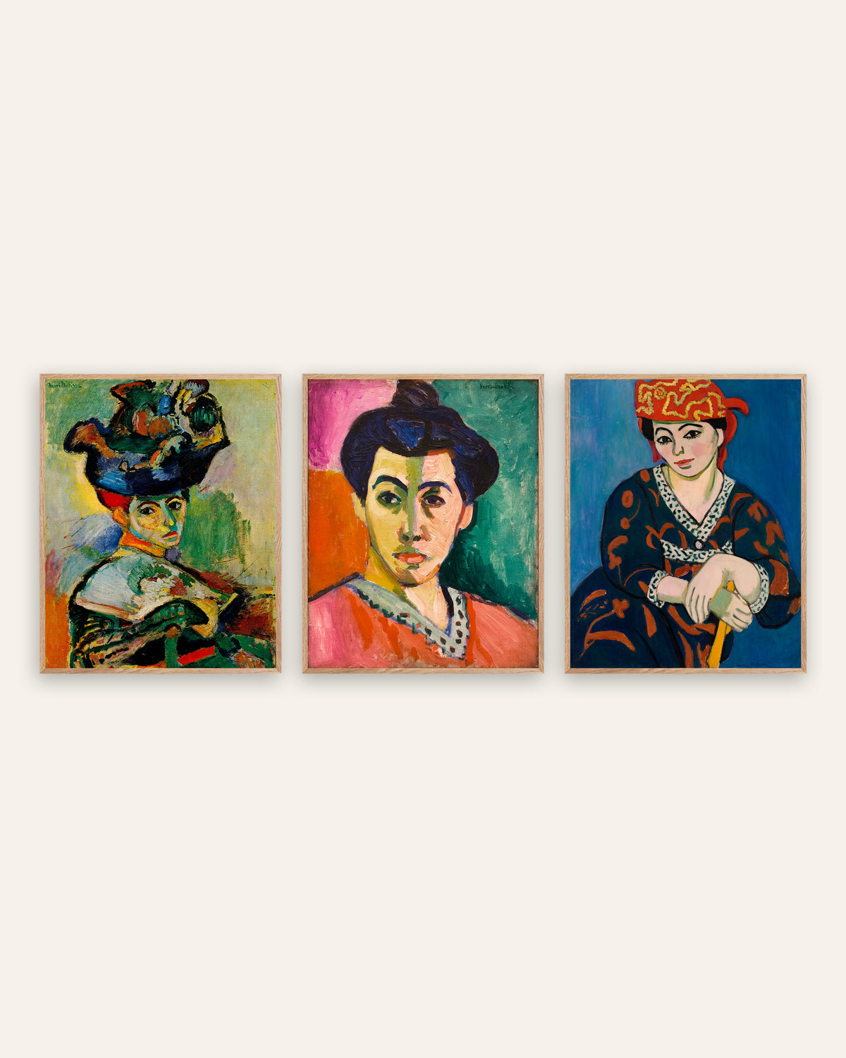 Matisse Fauvist Portraits Set of 3 – Woman with a Hat, Madame Matisse & Red Madras Headdress, prints in natural oak frames