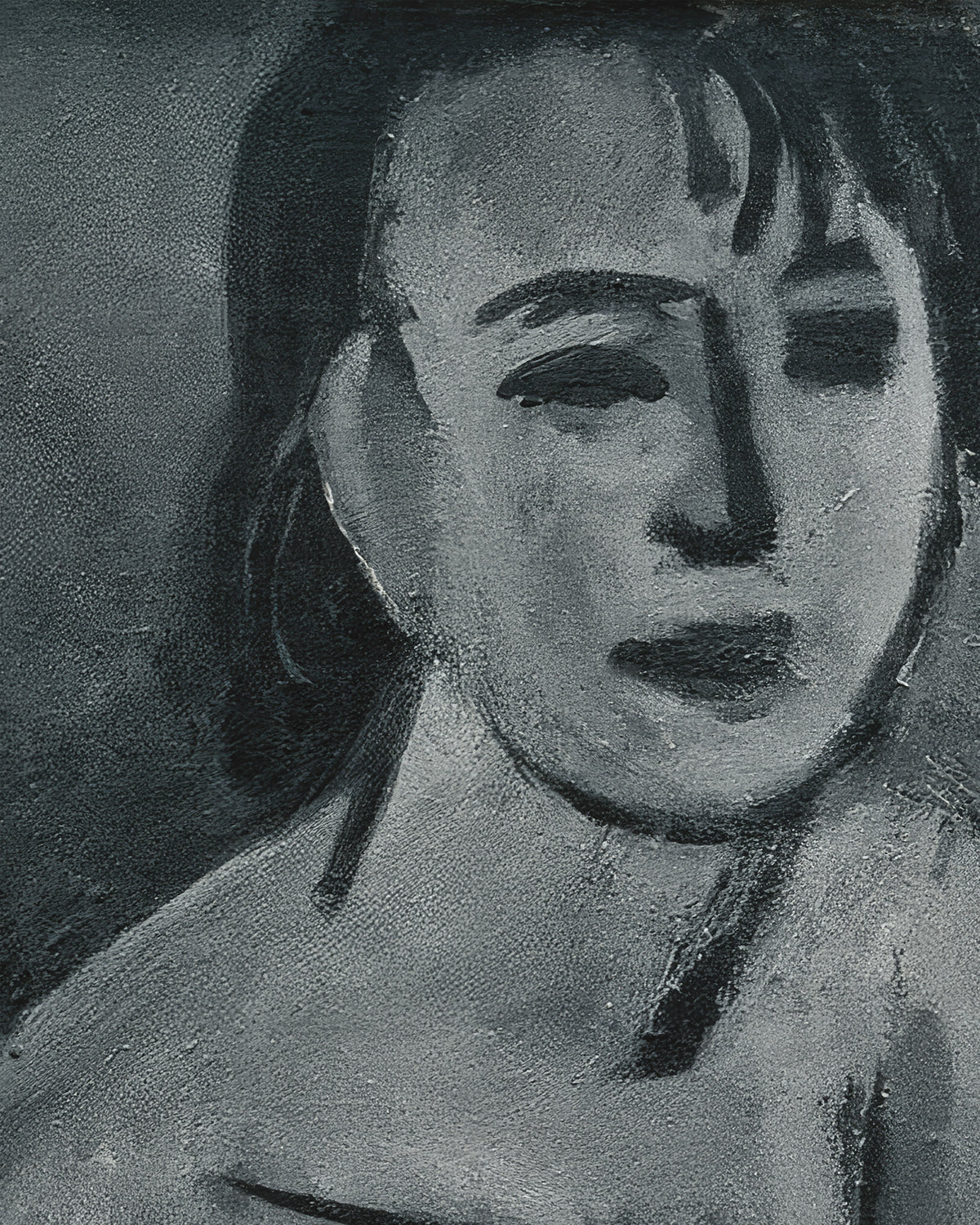 A monochrome painted portrait of a woman's face and upper shoulders, rendered in grayscale brushstrokes against a dark gray background.