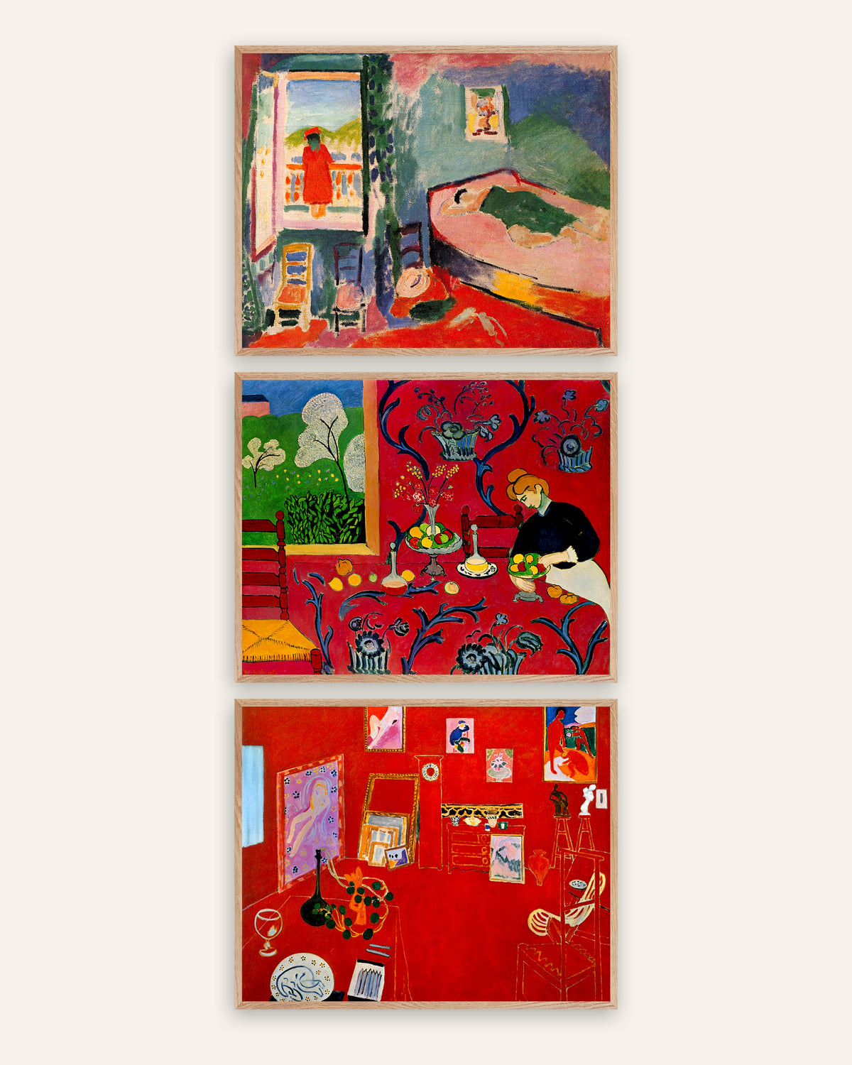 Matisse-postere, sett med 3: Interiør i Collioure, Harmoni i rødt og Det røde atelieret, i rammer av natureik