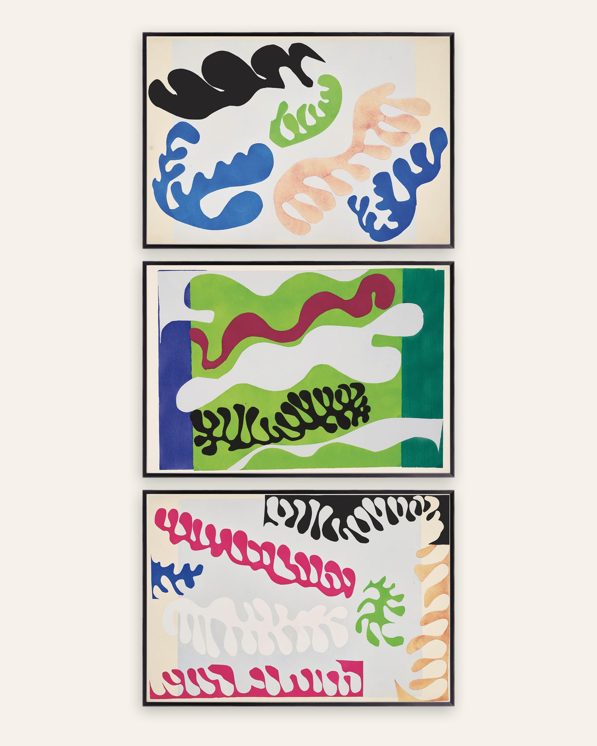 Matisse Jazz-postere, sett med 3: Lagunen i blått, grønt og rosa, i svarte metallrammer