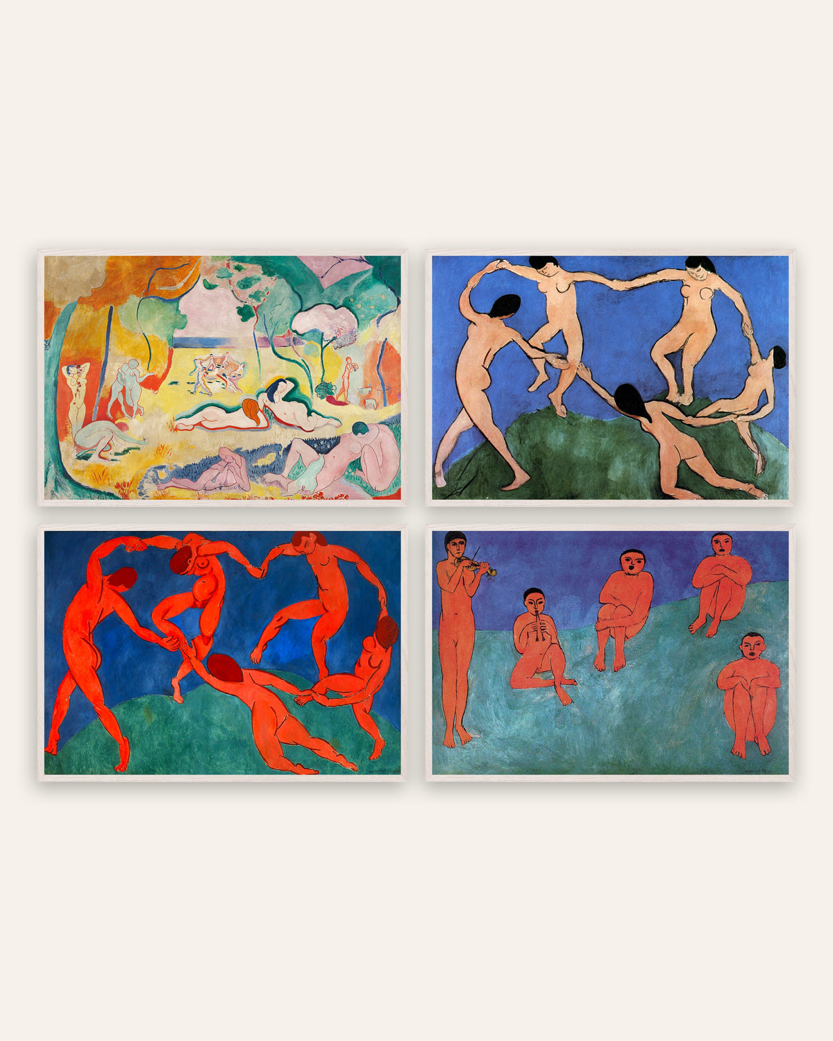 Matisse-postere, sett med 4: Livsglede, Dansen I og II og Musikk, i hvite eikerammer