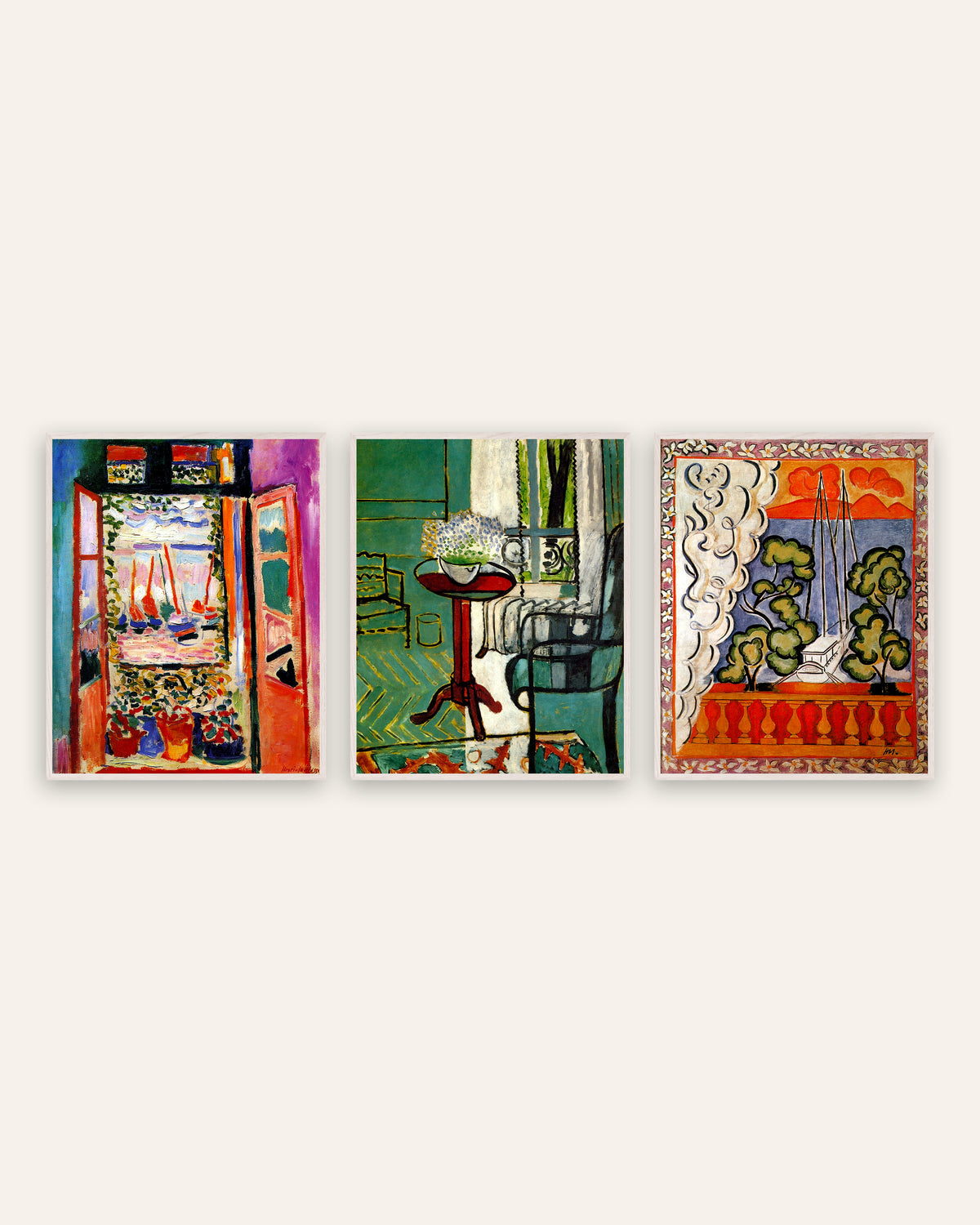 Matisse Window Prints Set of 3 – Collioure, Forget-Me-Nots & Tahiti, prints in white oak frames