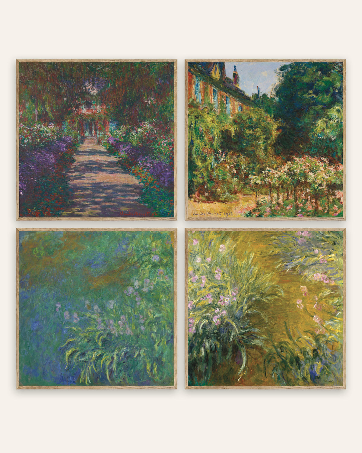 Monet Giverny Garden Prints Set of 4 – Avenue, House & Irises, prints in natural oak frames