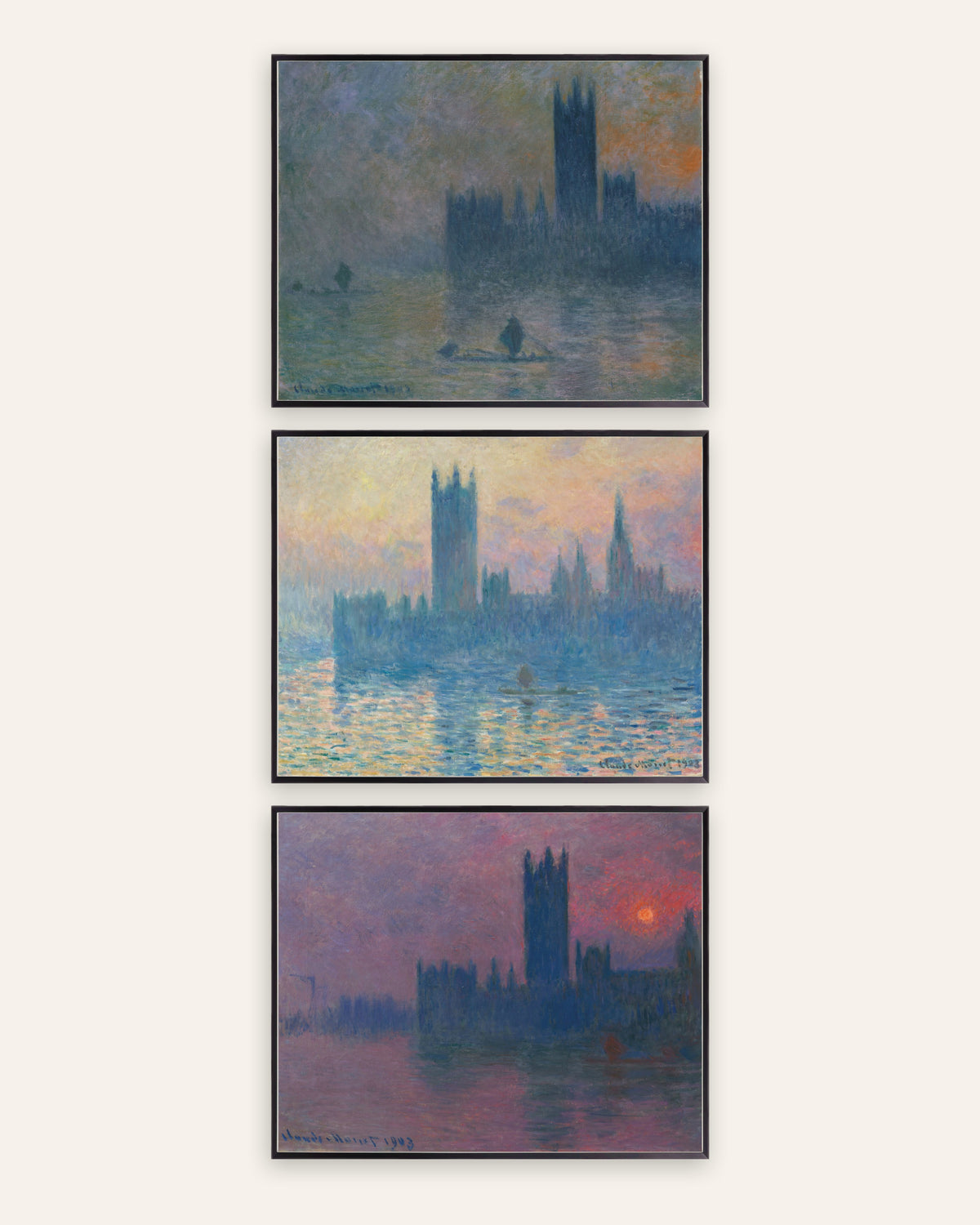 Monet Parlamentet postere, sett med 3: tåke og solnedgang, i svarte metallrammer