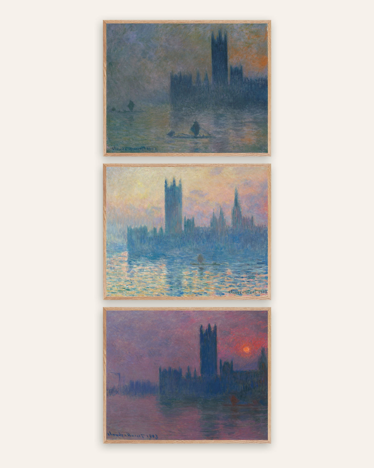 Monet Houses of Parliament Prints Set of 3 – Fog & Sunset, prints in natural oak frames