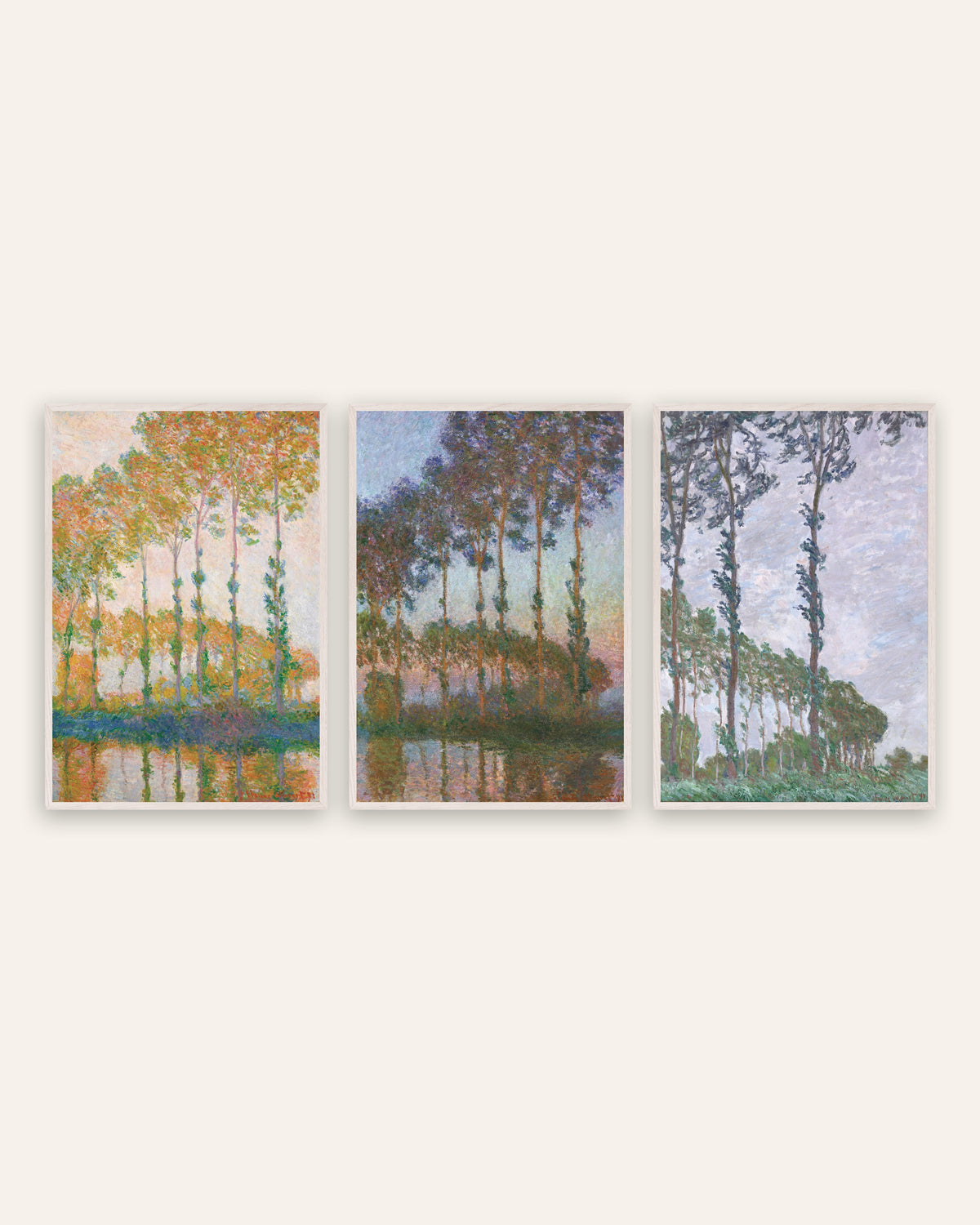Monet Poplars Prints Set of 3 – Autumn, Twilight & Wind, prints in white oak frames