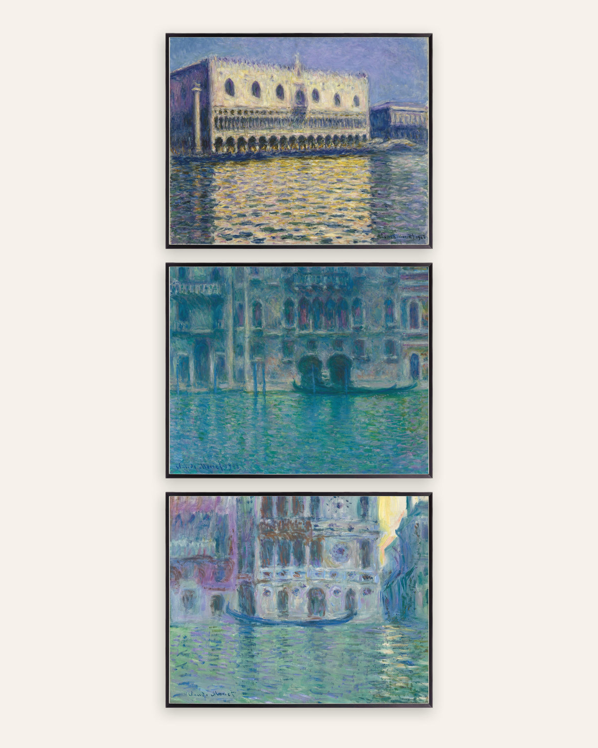 Monet Venezia postere, sett med 3: Dogepalasset, da Mula og Dario, i svarte metallrammer