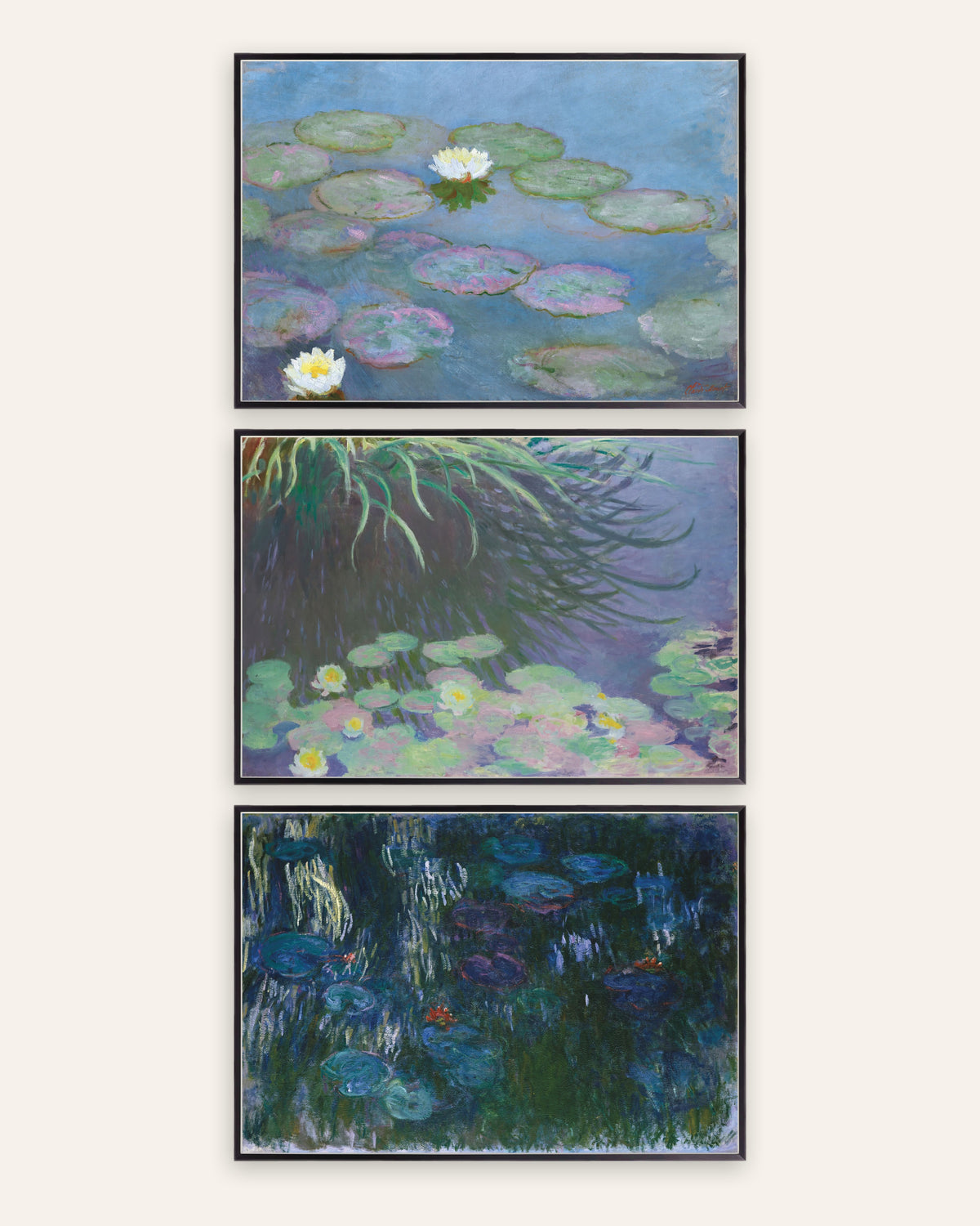 Monet Vannliljer postere, sett med 3: tidlige og sene panoramaer, i svarte metallrammer