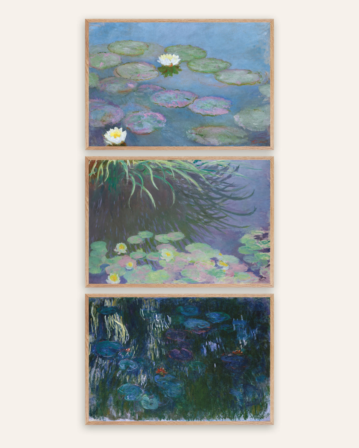 Monet Vannliljer postere, sett med 3: tidlige og sene panoramaer, i rammer av natureik