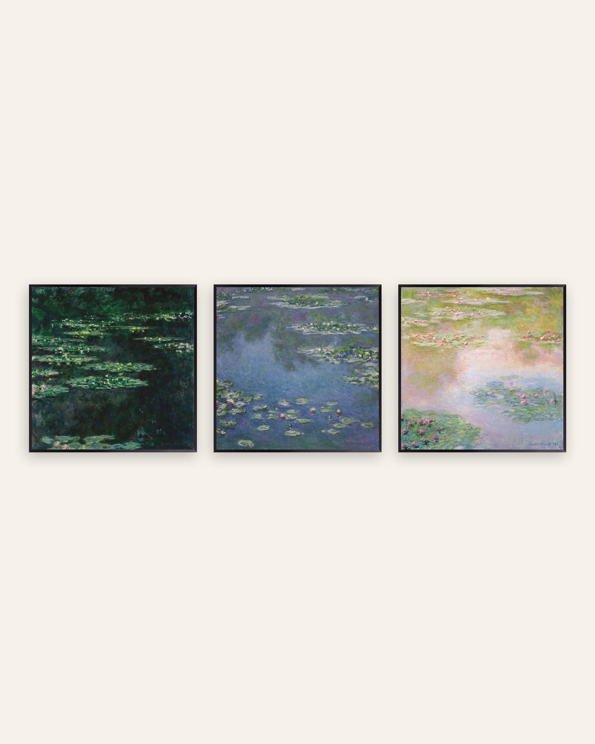 Monet Vannliljer postere, sett med 3: kvadratiske motiver fra dammen, i svarte metallrammer