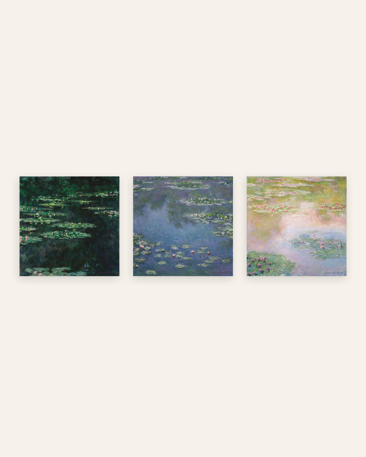 Monet Water Lilies Prints Set of 3 – Square Pond Views, prints without frame
