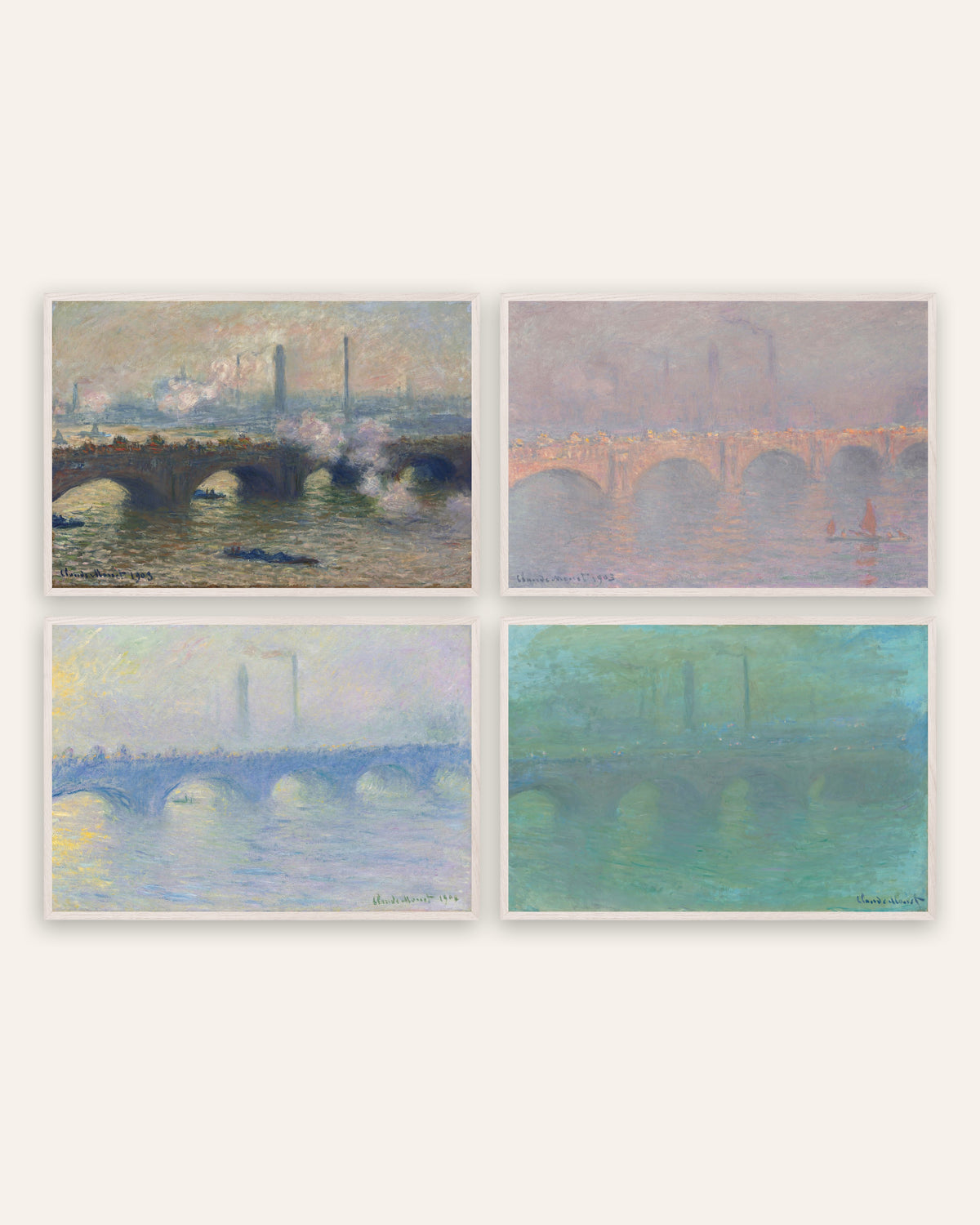 Monet Waterloo Bridge postere, sett med 4: grå dag, sol, dis og skumring, i hvite eikerammer