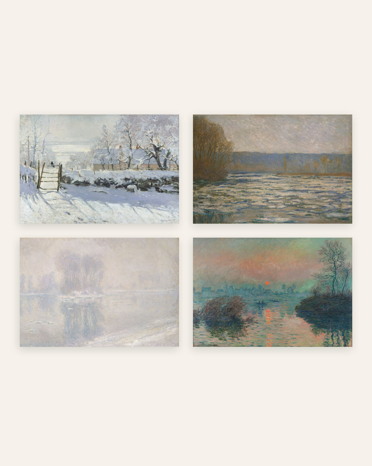 Monet Winter Prints Set of 4 – The Magpie, Ice & Winter Sunset, prints without frame