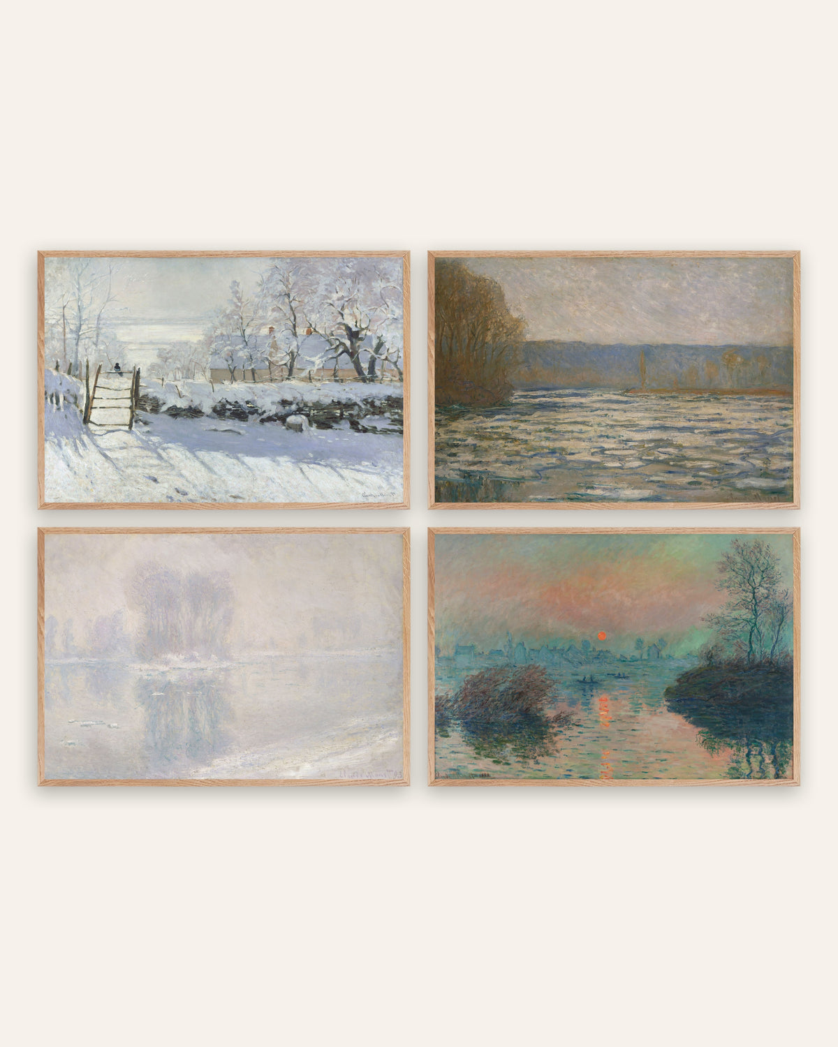 Monet Winter Prints Set of 4 – The Magpie, Ice & Winter Sunset, prints in natural oak frames