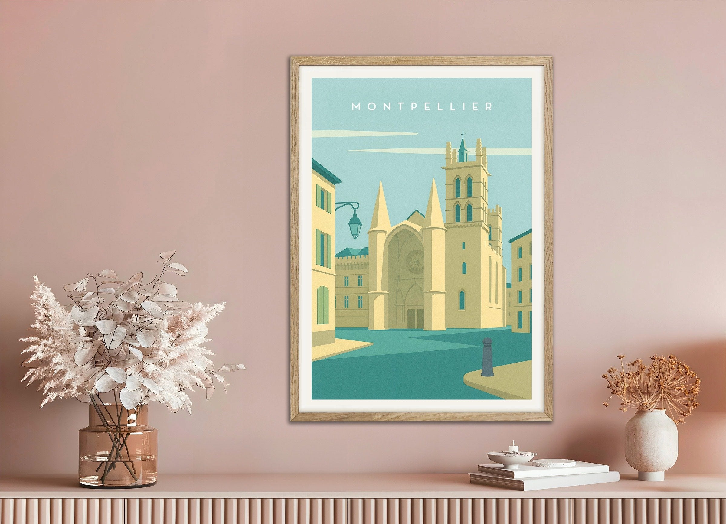Poster of Montpellier Cathedral Wall Art Print, with natural wooden frame