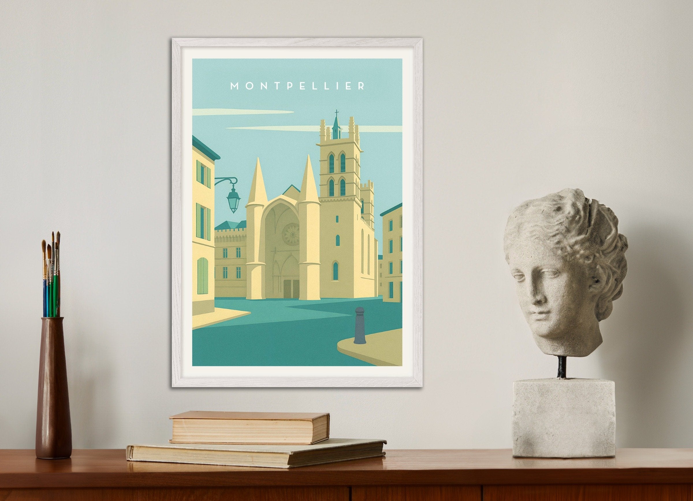 Poster of Montpellier Cathedral Wall Art Print, with white wooden frame