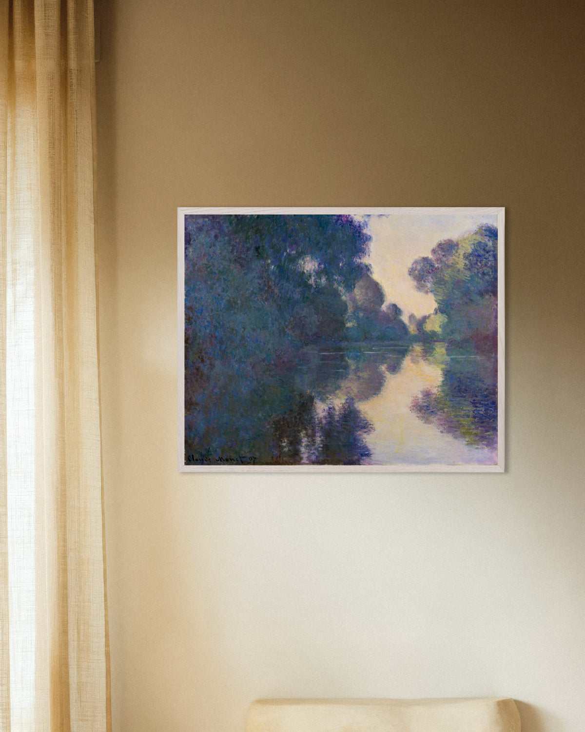 Plakat Morgen på Seinen nær Giverny (1897) av Claude Monet med hvit treramme
