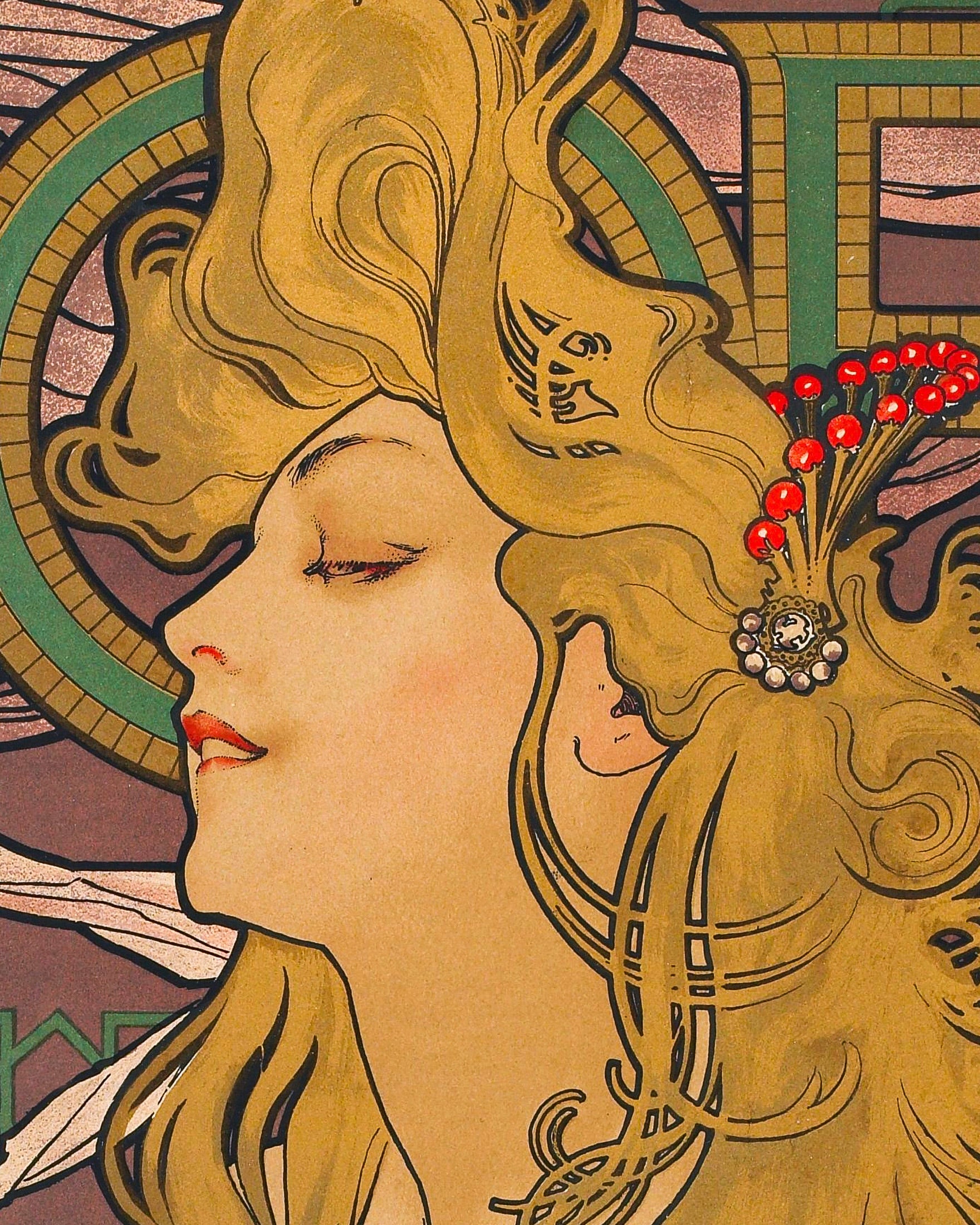 Art Nouveau style Mucha illustration of a woman with red berries in her hair