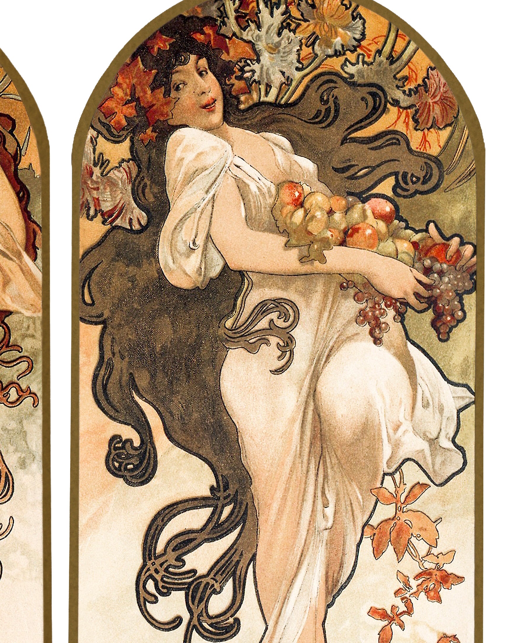 Art Nouveau-style illustration of a woman holding fruits and flowers with decorative elements.