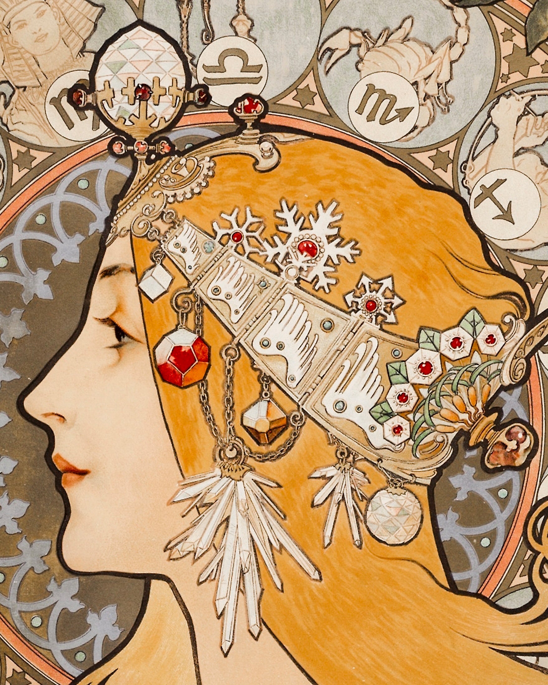 Art Nouveau-style Mucha illustration of a woman's profile with intricate jewelry and zodiac symbols in the background.