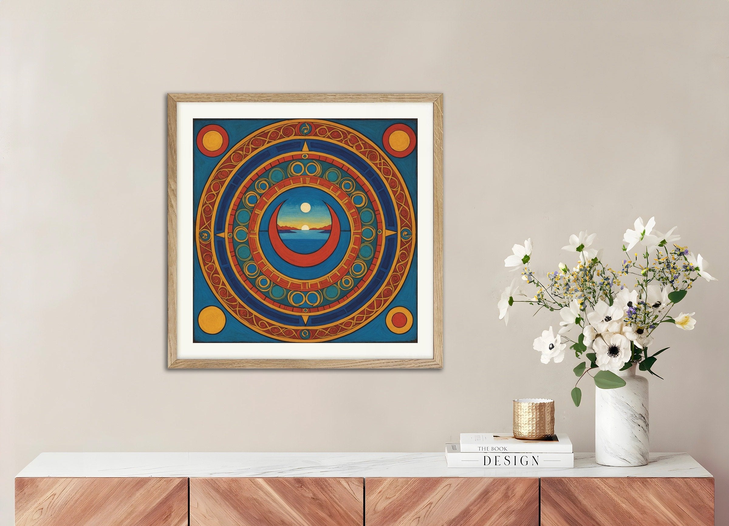 Poster of Mystical landscapes with spiritual symbolism, with natural wooden frame
