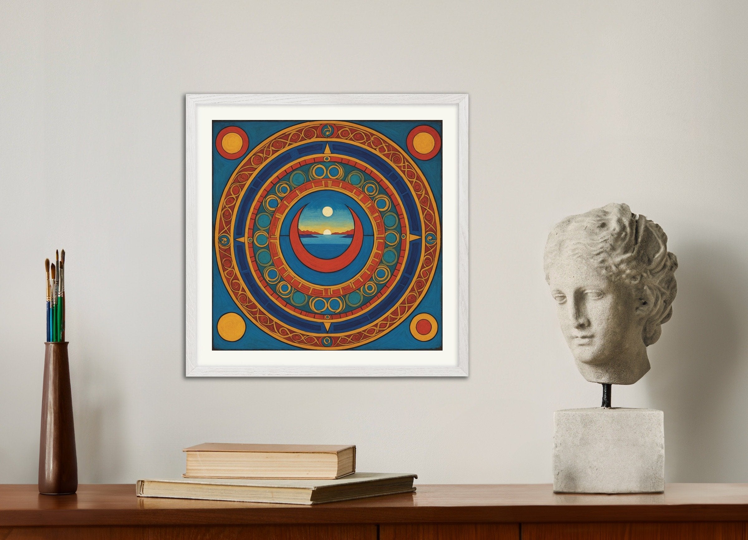 Poster of Mystical landscapes with spiritual symbolism, with white wooden frame