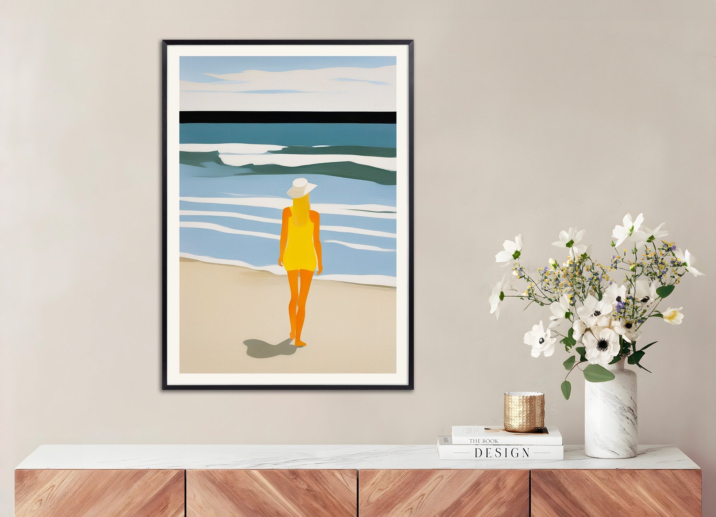 Poster of Nastya Beach Portrait - Sunny Yellow Coastal Art Print, with metal frame