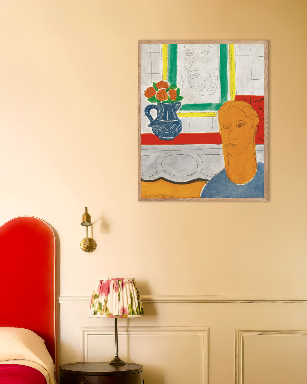 Poster av Okergult hode (Figur og bukett) (1937) av Henri Matisse, med ramme av lyst tre