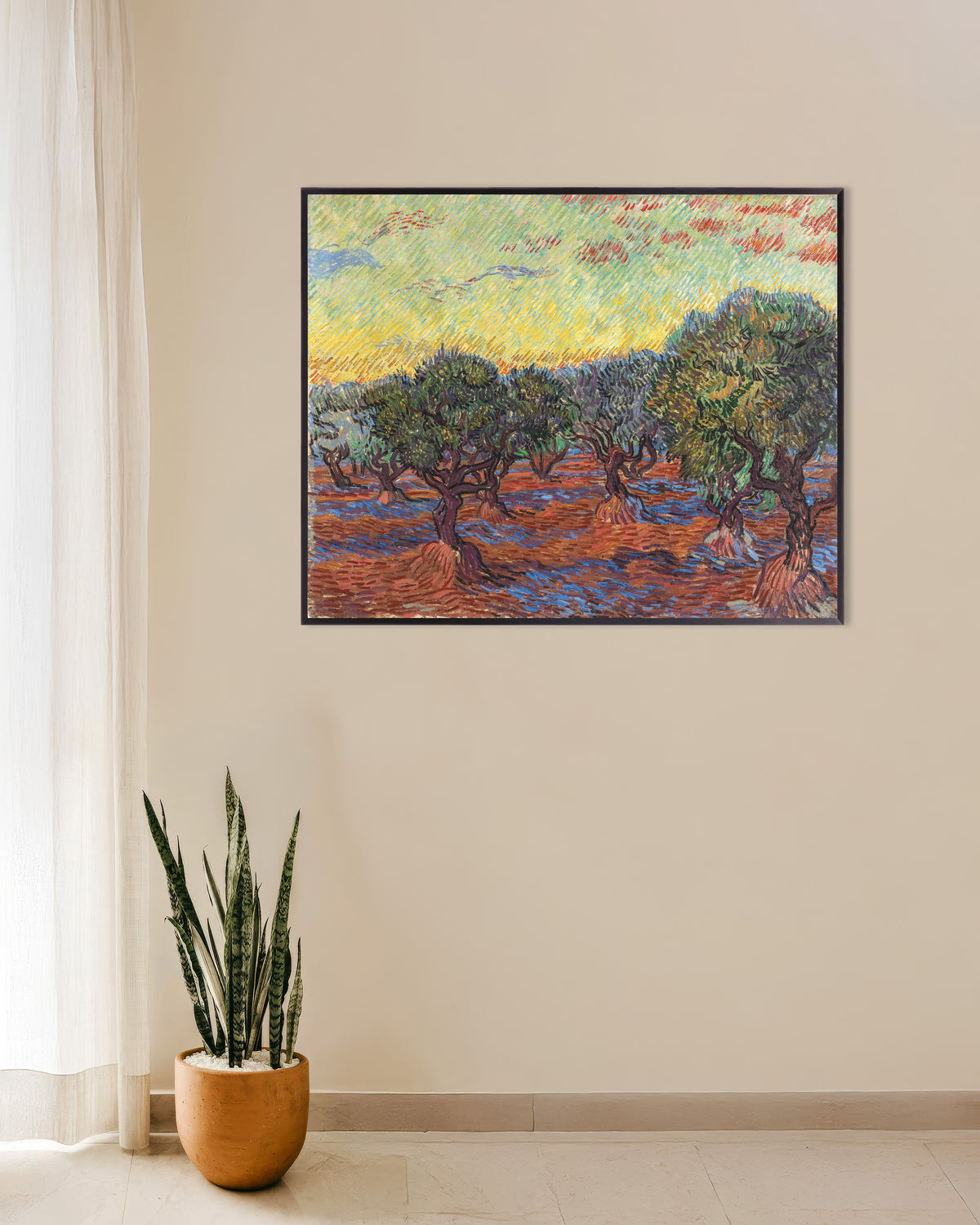 Poster med Oliventrær med oransje himmel (1889) av Vincent van Gogh, med metallramme