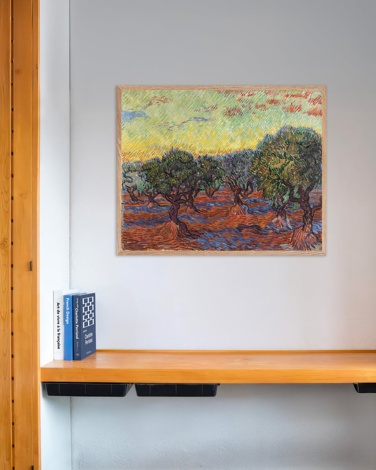 Poster med Oliventrær med oransje himmel (1889) av Vincent van Gogh, med naturfarget treramme