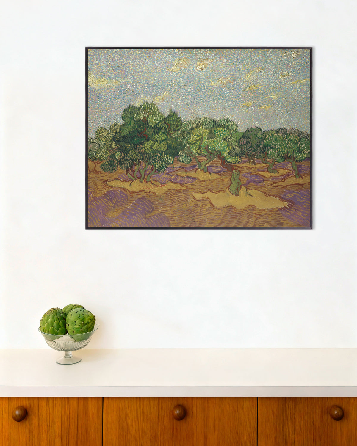 Poster av Oliventrær under en blek himmel (1889) av Vincent van Gogh, med metallramme