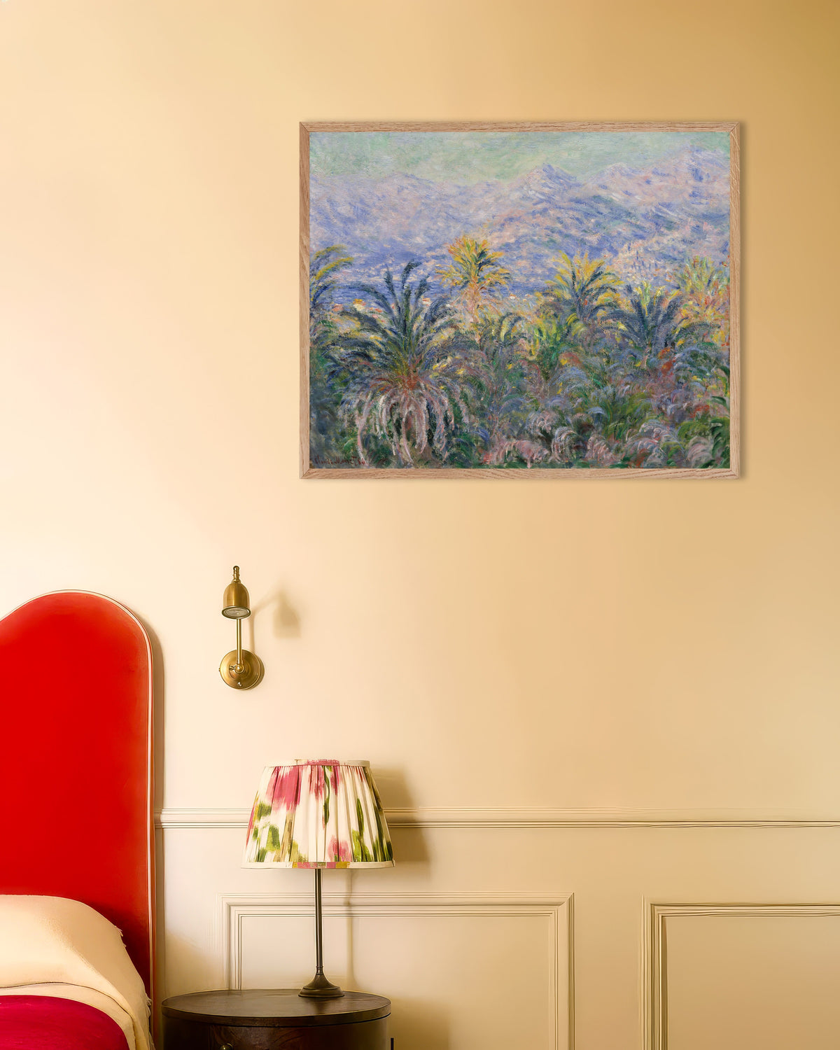 Plakat Palmer i Bordighera (1884) av Claude Monet med ramme i naturtre