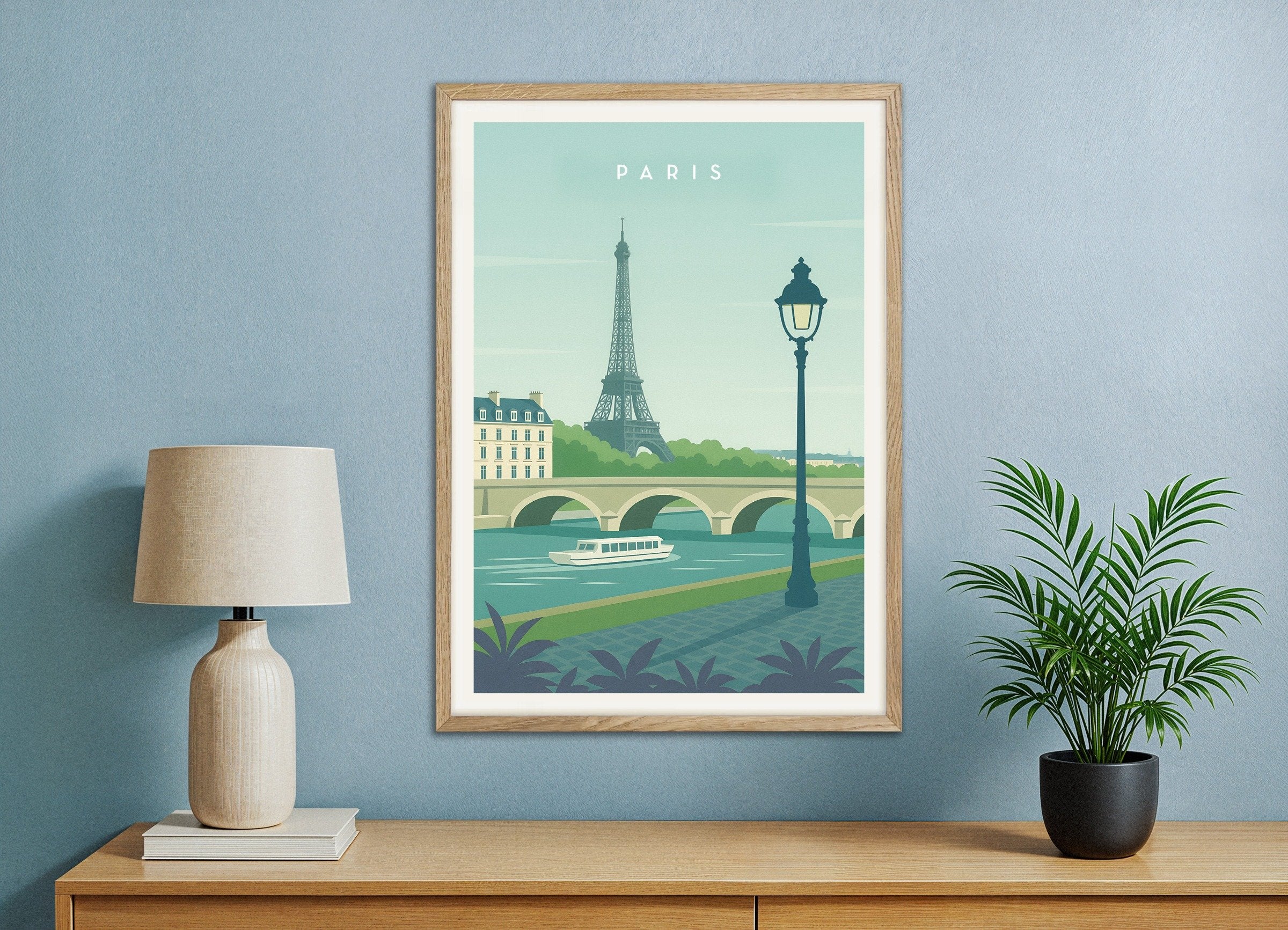 Poster of Paris Eiffel Tower Wall Art Print, with natural wooden frame