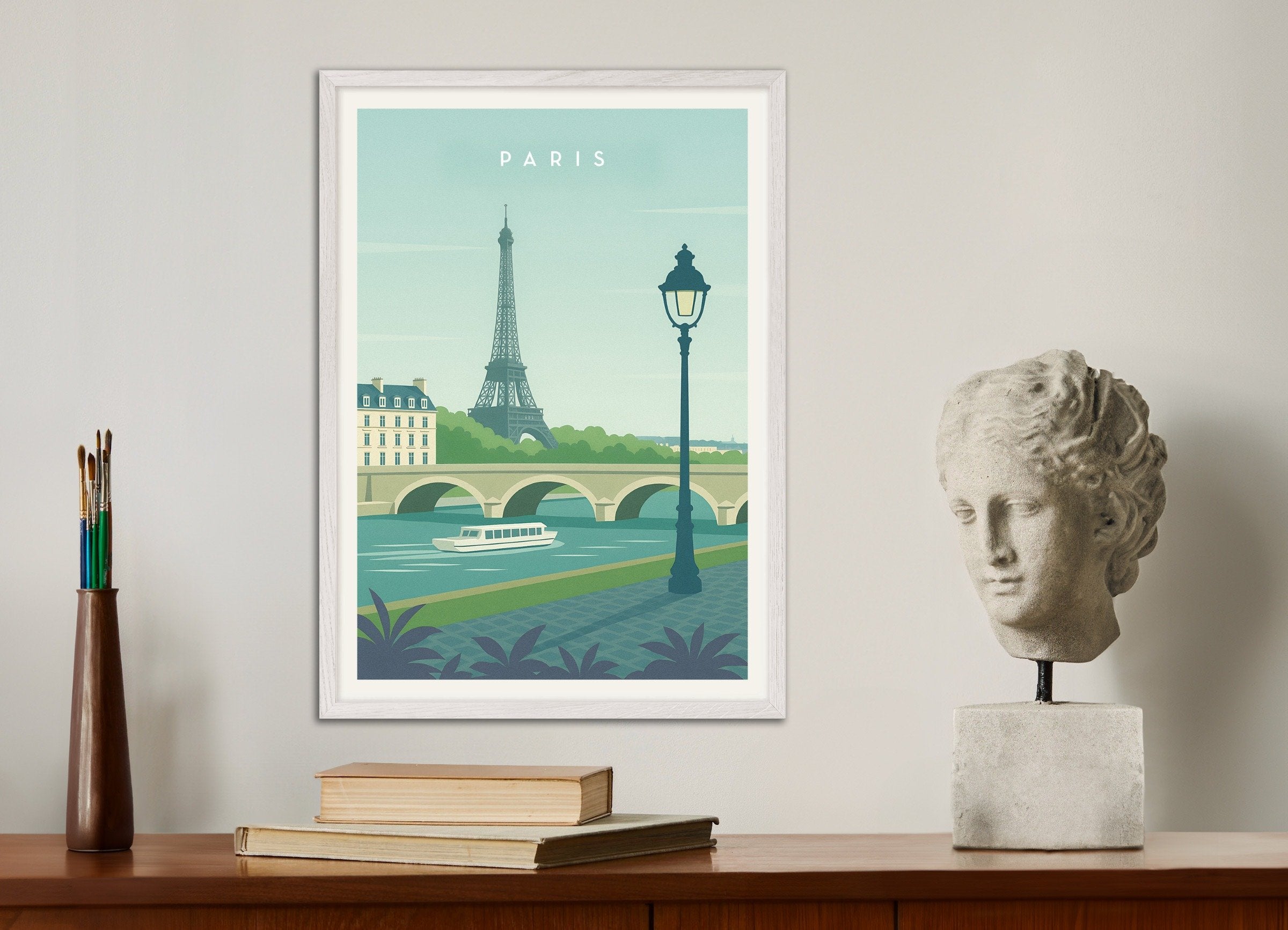 Poster of Paris Eiffel Tower Wall Art Print, with white wooden frame