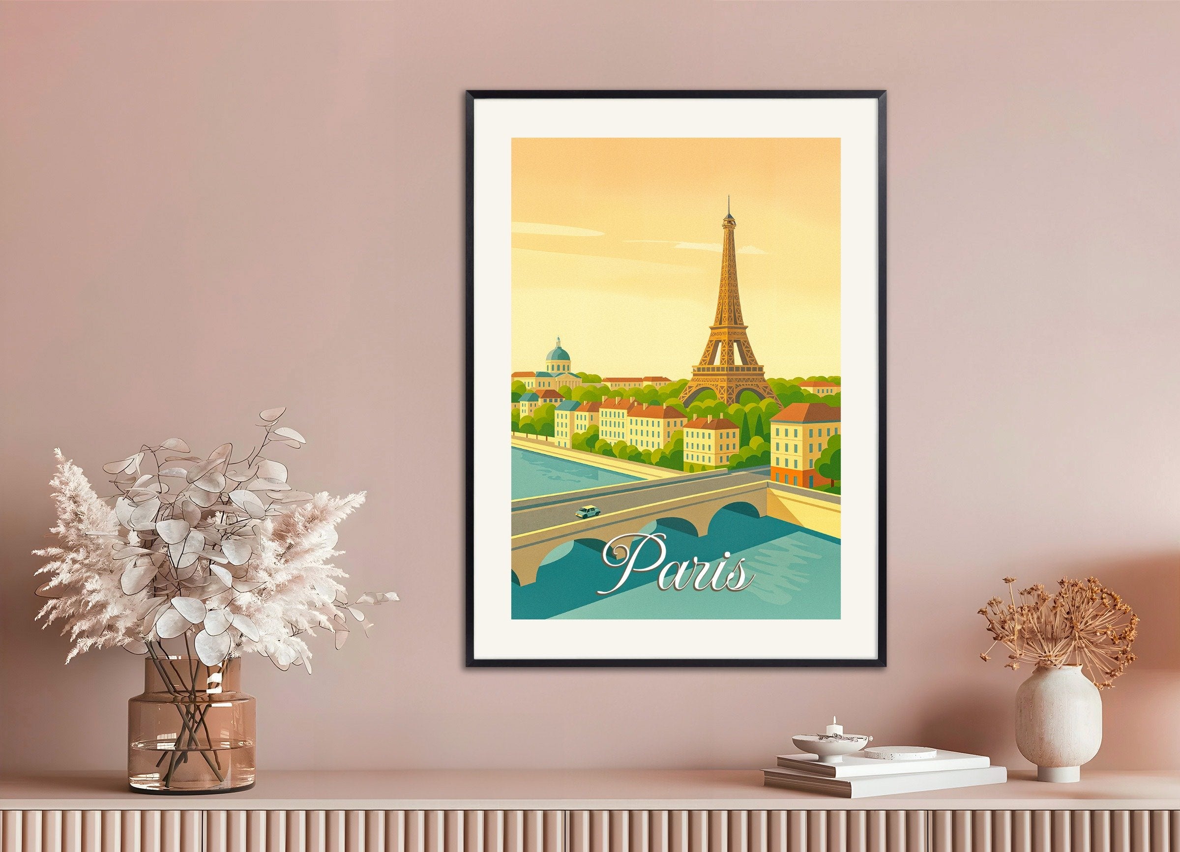 Poster of Paris – Retro style Illustration of the Eiffel Tower, with metal frame