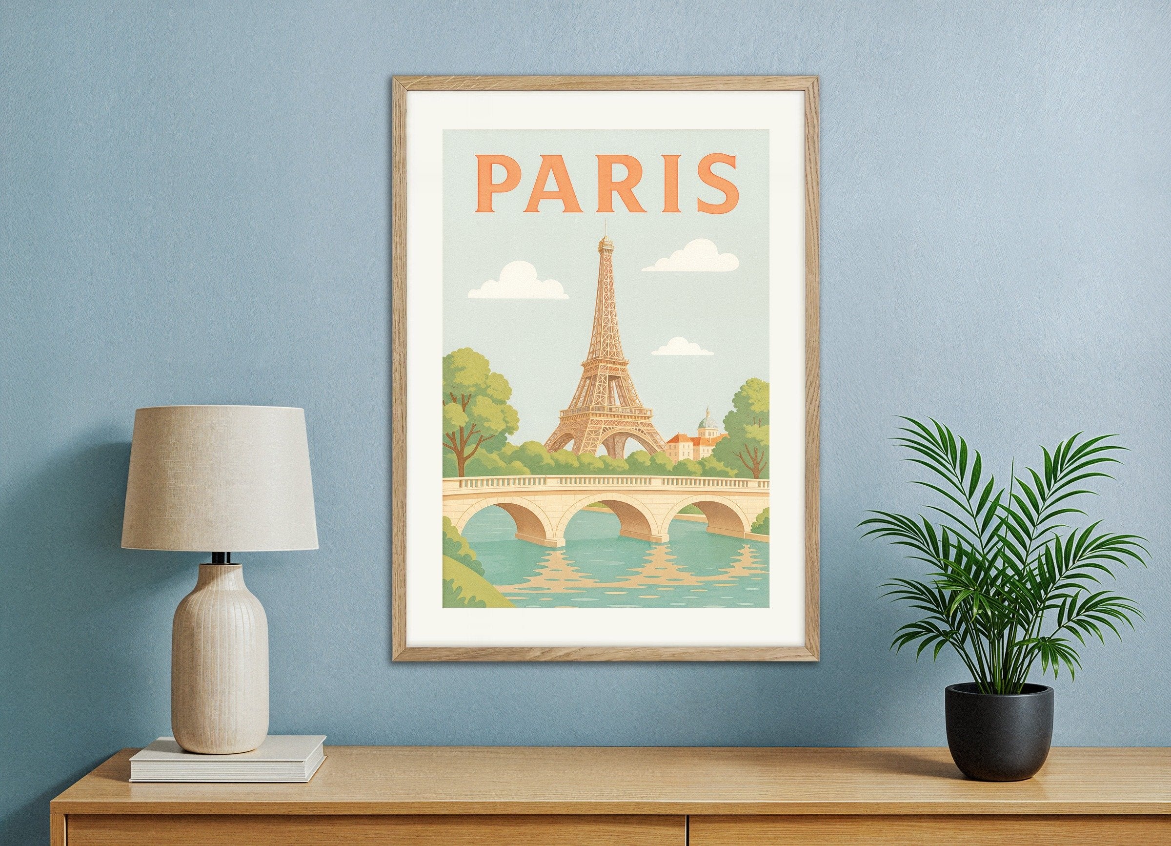 Poster of Paris – Soft Pastel Illustration of the Eiffel Tower - Poster, with natural wooden frame