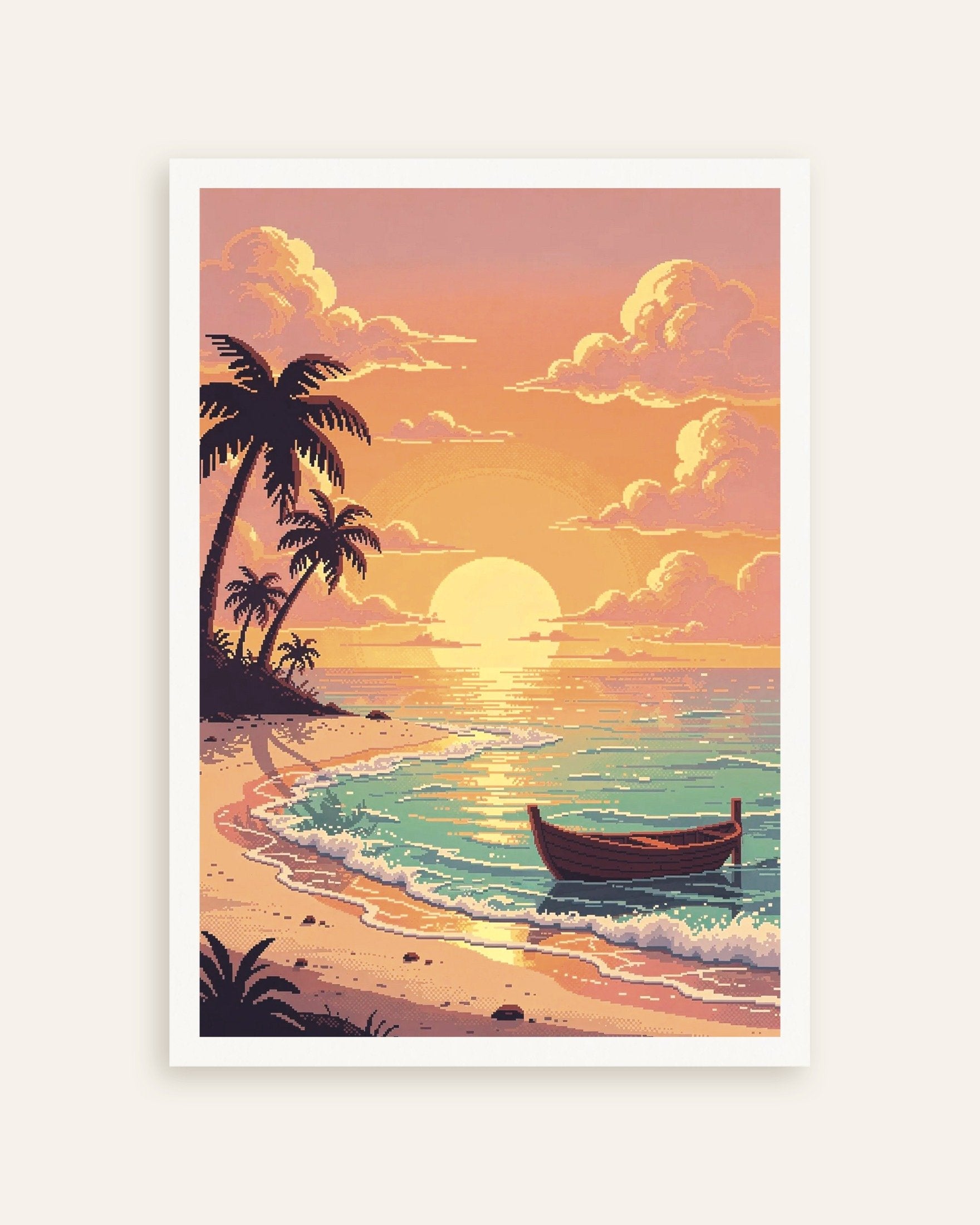Pixel Art Beach Sunset Boat Poster | Posterscape