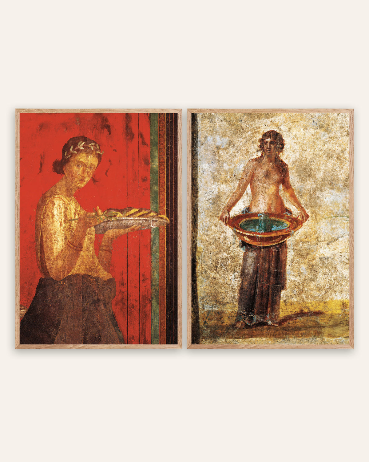 Pompeii Fresco Prints Set of 2 – Woman with Wreath & Water Basin, prints in natural oak frames