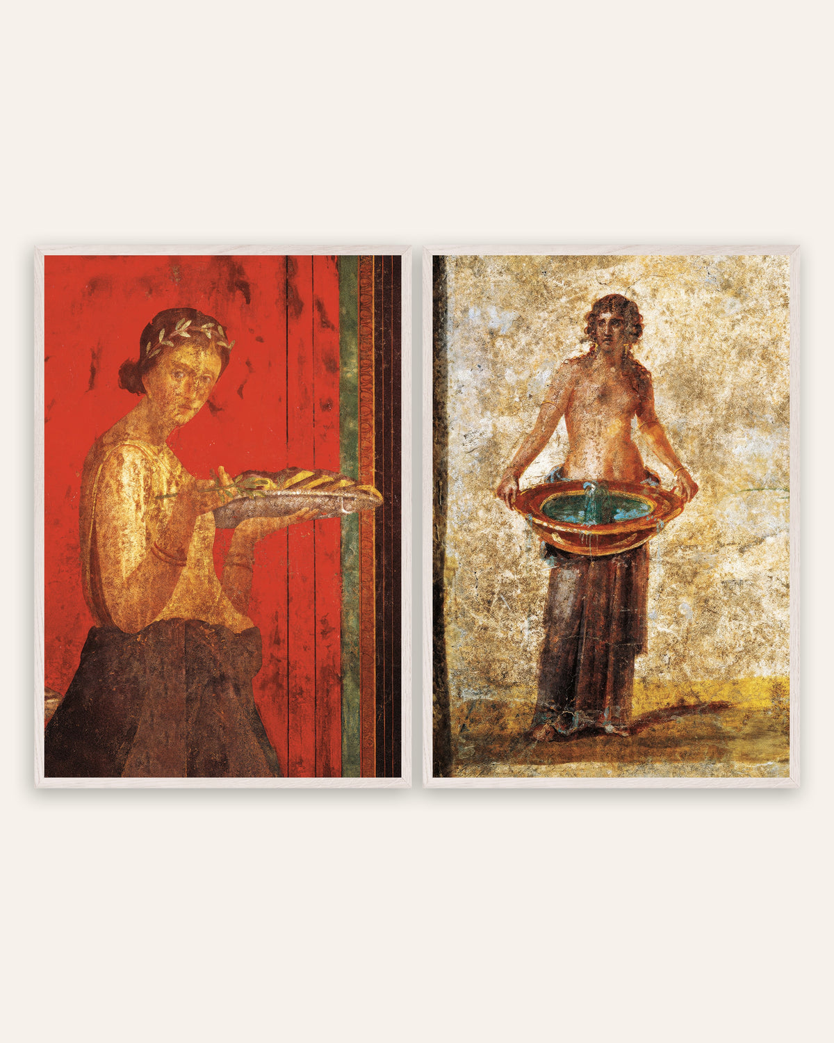 Pompeii Fresco Prints Set of 2 – Woman with Wreath & Water Basin, prints in white oak frames