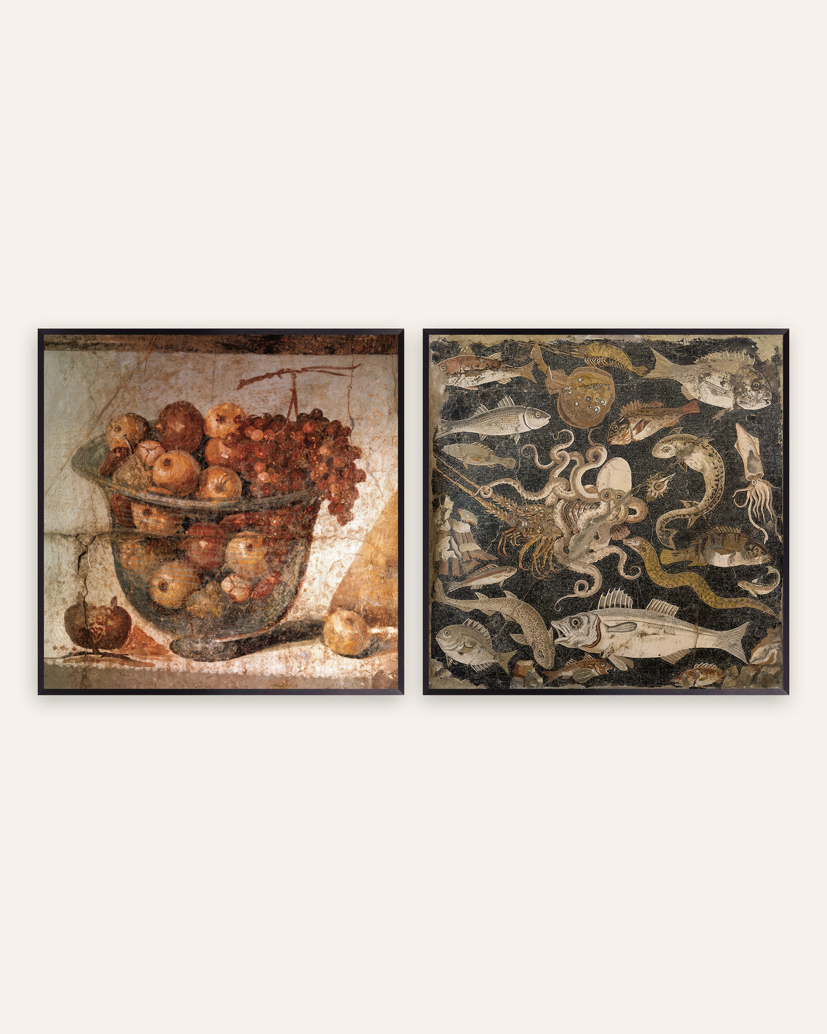 Pompeii Kitchen Prints Set of 2 – Fruit Bowl Fresco & Fish Mosaic, prints in black metal frames