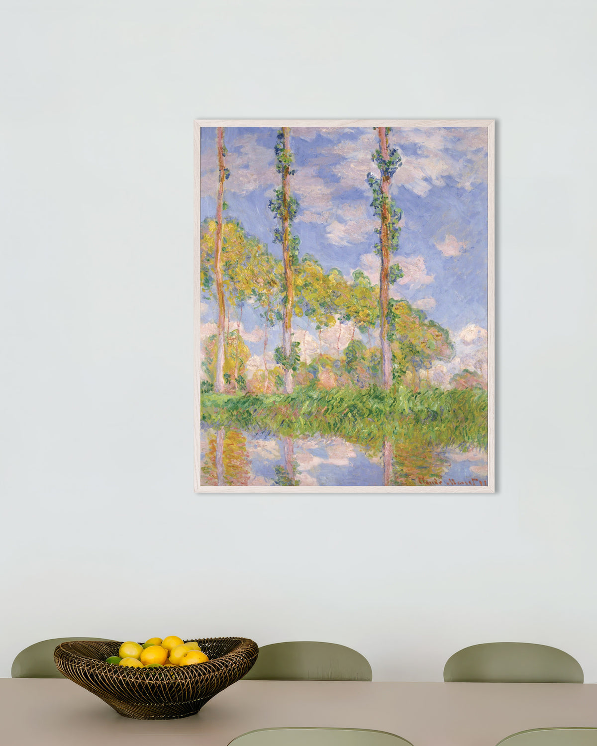 Poster of Poplars in the Sun (1891) by Claude Monet, with white wooden frame