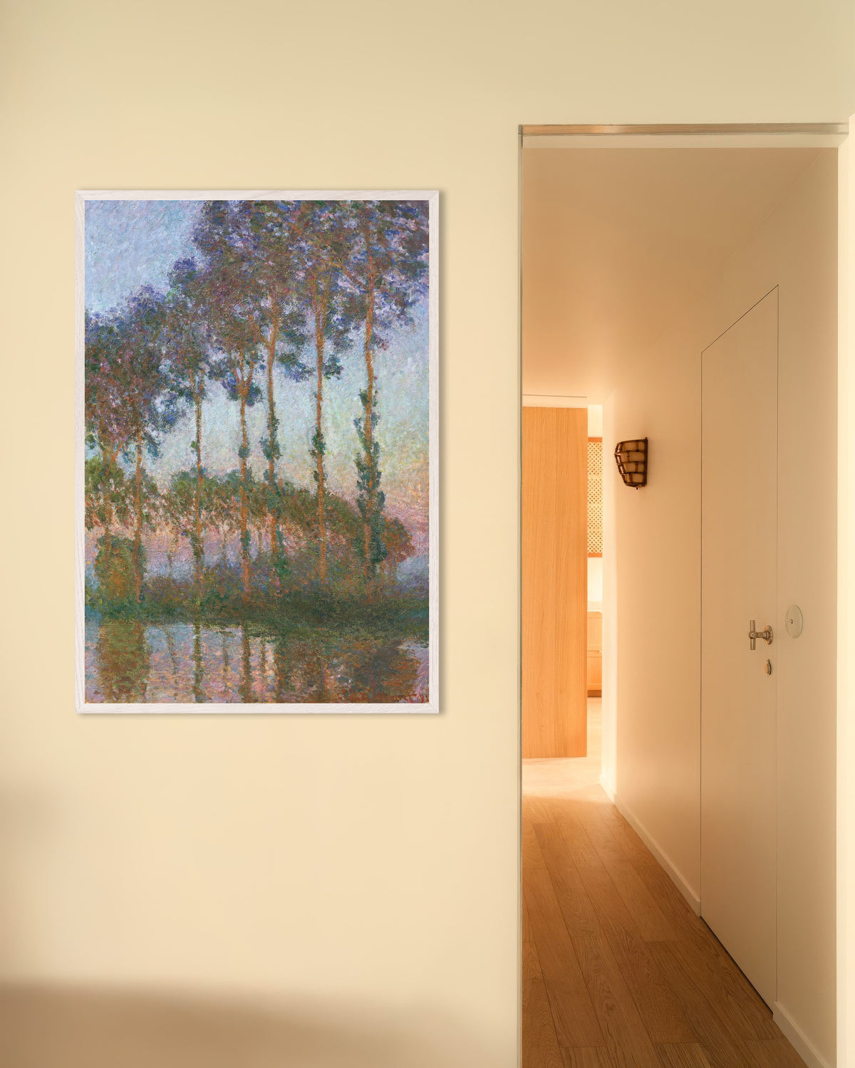 Poster of Poplars on the Banks of the Epte, Twilight (1891) by Claude Monet, with white wooden frame